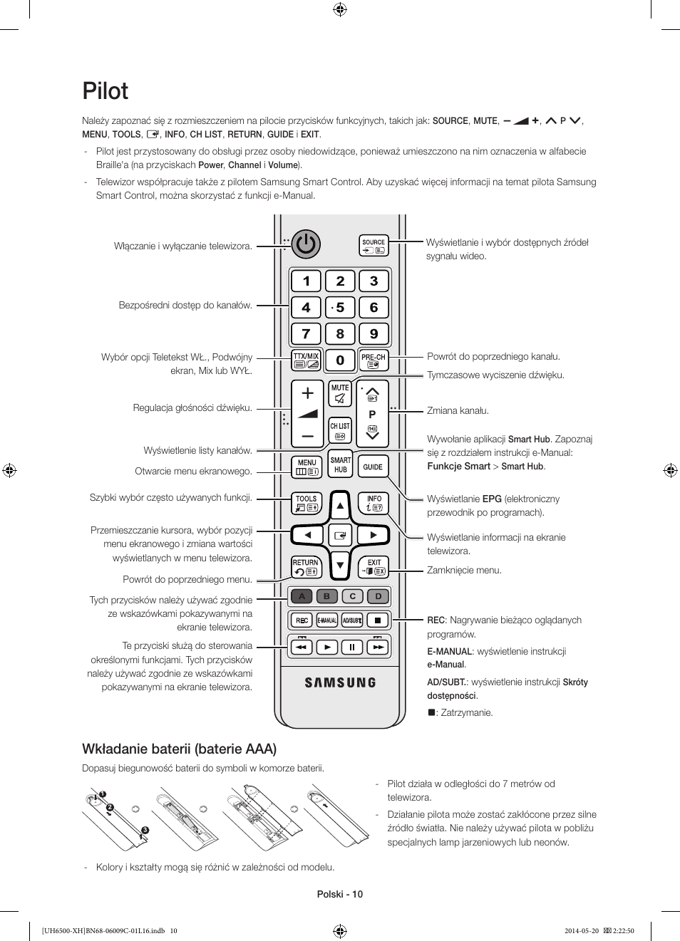 Pilot, Wkładanie baterii (baterie aaa) | Samsung UE40H6640SL User Manual | Page 54 / 353