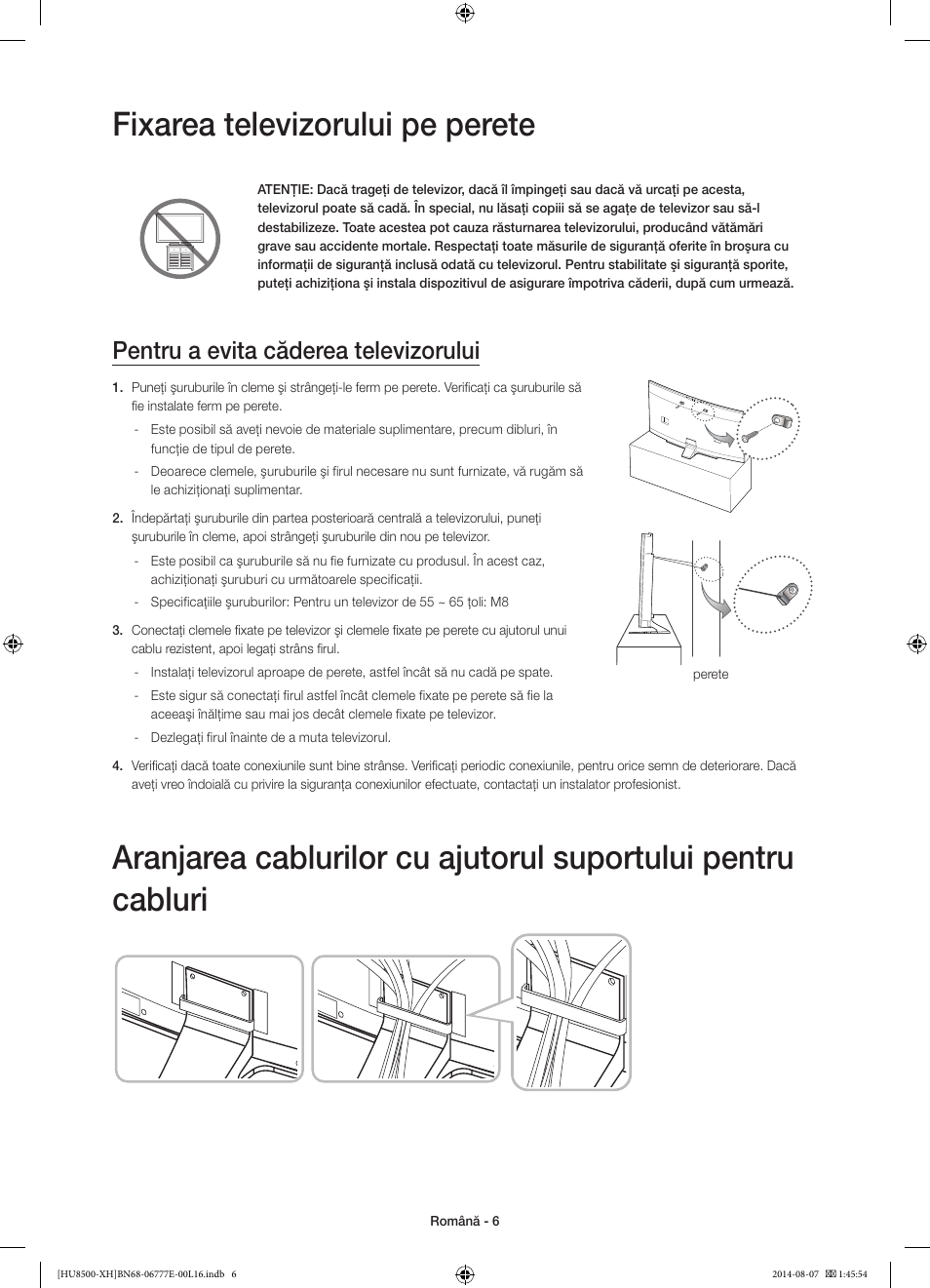 Fixarea televizorului pe perete, Pentru a evita căderea televizorului | Samsung UE65HU8500L User Manual | Page 198 / 386