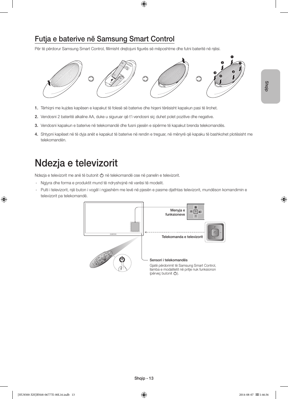 Ndezja e televizorit, Futja e baterive në samsung smart control | Samsung UE65HU8500L User Manual | Page 253 / 386
