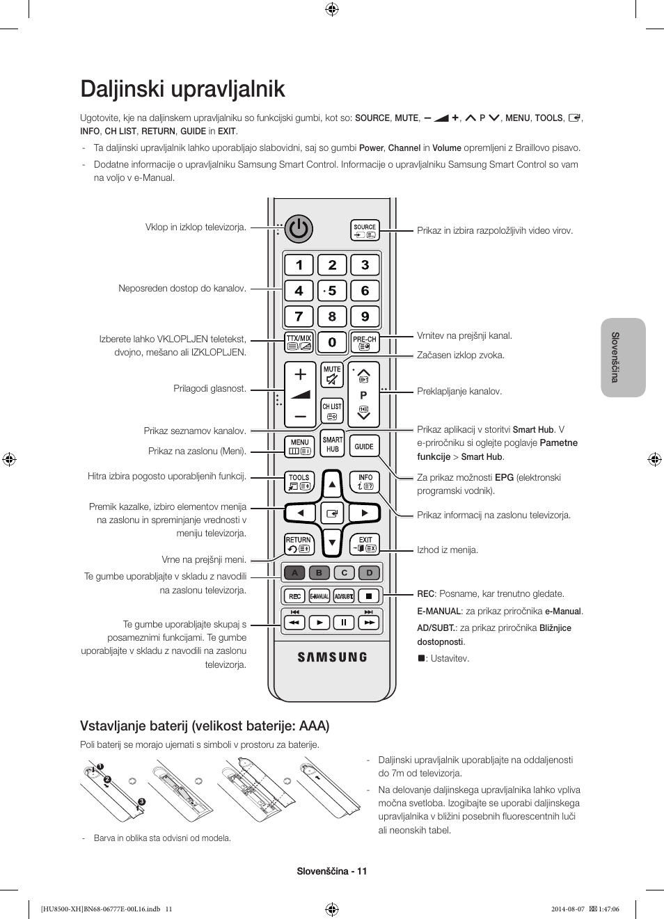 Daljinski upravljalnik, Vstavljanje baterij (velikost baterije: aaa) | Samsung UE65HU8500L User Manual | Page 299 / 386