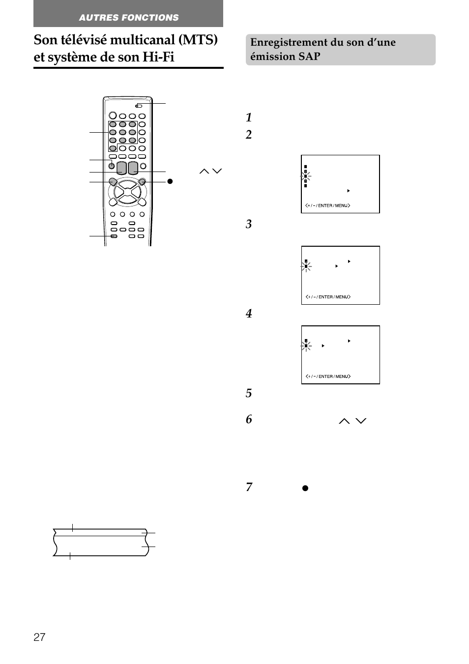 Enregistrement du son d’une émission sap, Son télévisé multicanal (mts), Emission audio secondaire (sap) | Système de piste audio, Enregistrement du son hi-fi, Pour écouter le son mts sur le téléviseur | Aiwa HV-FX8100U User Manual | Page 111 / 116