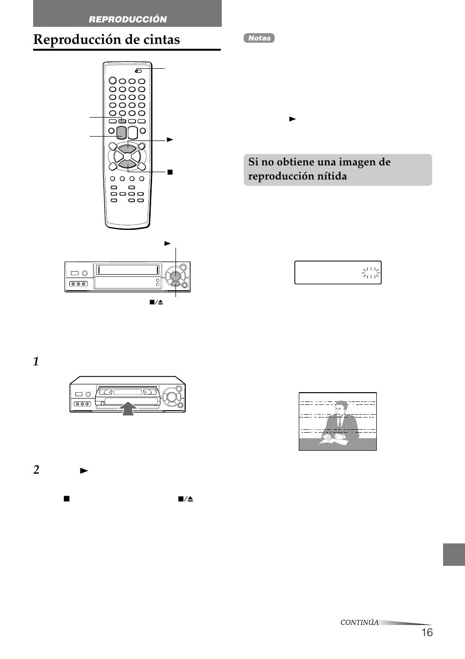 Reproducción de cintas, Si no obtiene una imagen de reproducción nítida, Para detener la reproducción | Para ajustar el seguimiento de forma manual, Para volver al ajuste automático del seguimiento | Aiwa HV-FX8100U User Manual | Page 62 / 116