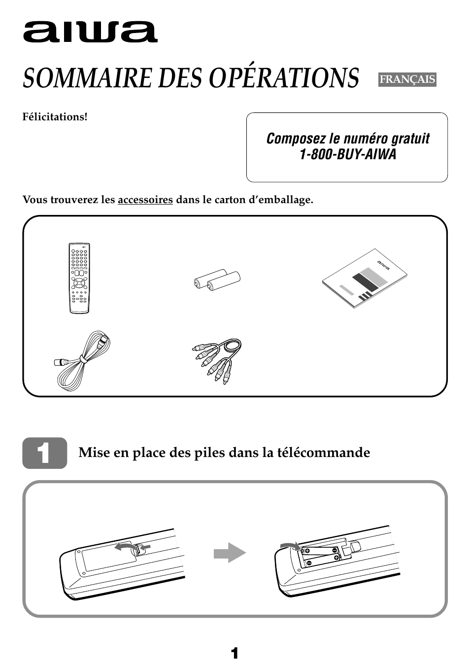 Sommaire des opérations, Hv-fx8100, Composez le numéro gratuit 1-800-buy-aiwa | Mise en place des piles dans la télécommande | Aiwa HV-FX8100U User Manual | Page 79 / 116