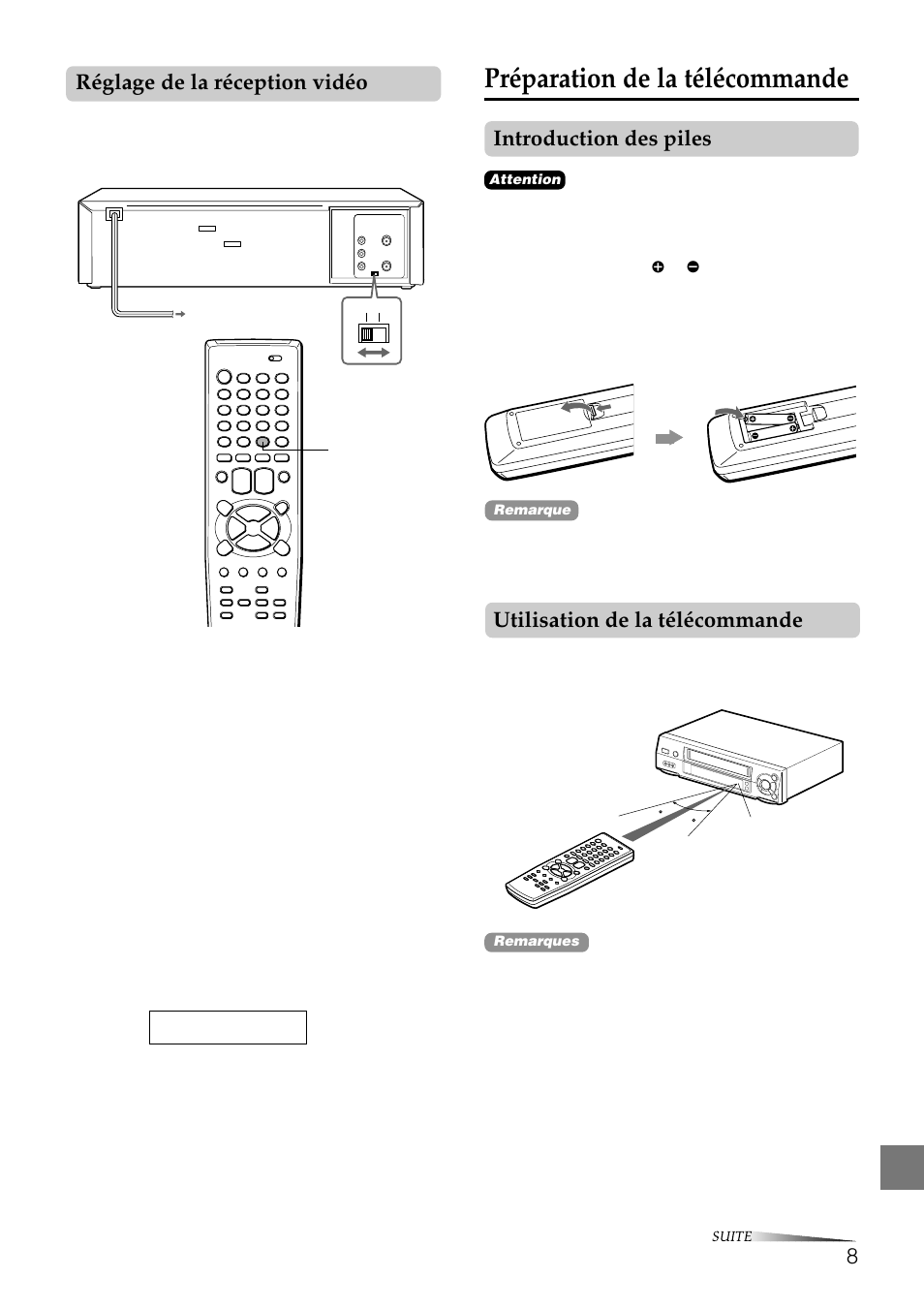 Préparation de la télécommande, Introduction des piles, Utilisation de la télécommande | Réglage de la réception vidéo | Aiwa HV-FX8100U User Manual | Page 92 / 116