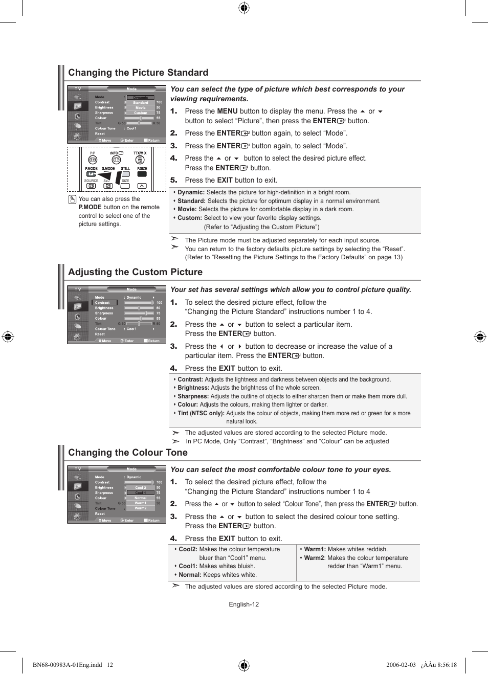 Setting the picture, Changing the picture standard, Adjusting the custom picture | Changing the colour tone | Samsung LE26R71B User Manual | Page 14 / 211