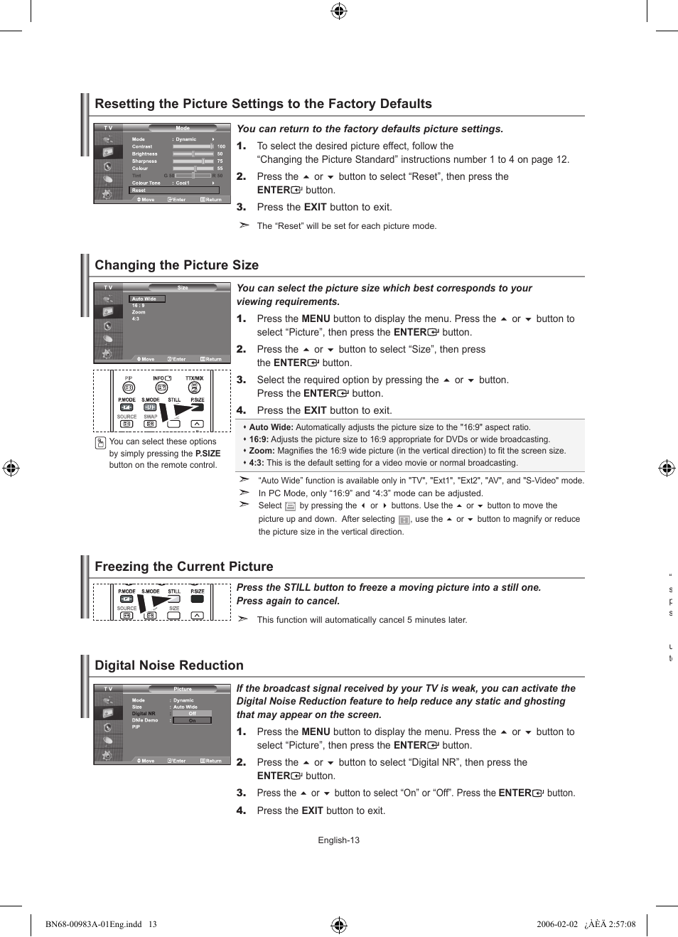 Changing the picture size, Freezing the current picture, Digital noise reduction | Samsung LE26R71B User Manual | Page 15 / 211