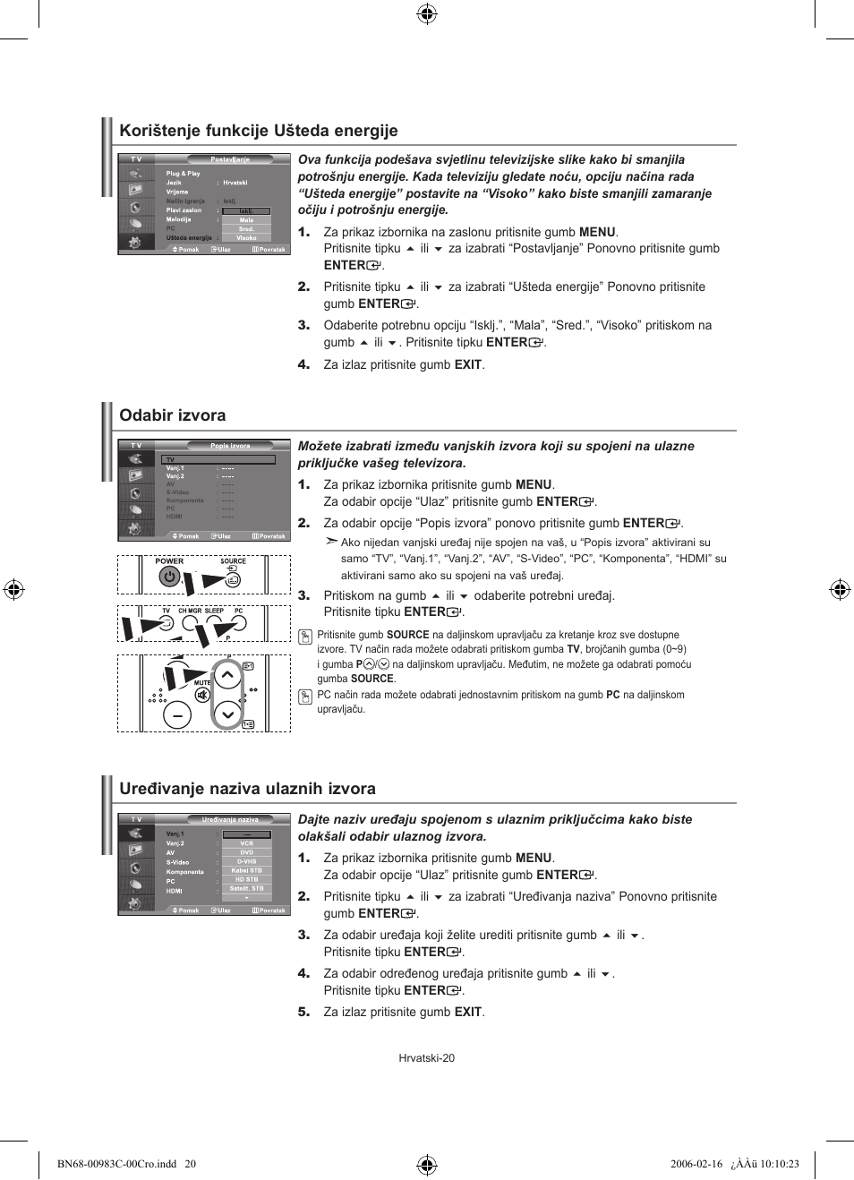 Korištenje funkcije ušteda energije, Odabir izvora, Uređivanje naziva ulaznih izvora | Samsung LE26R71B User Manual | Page 178 / 211