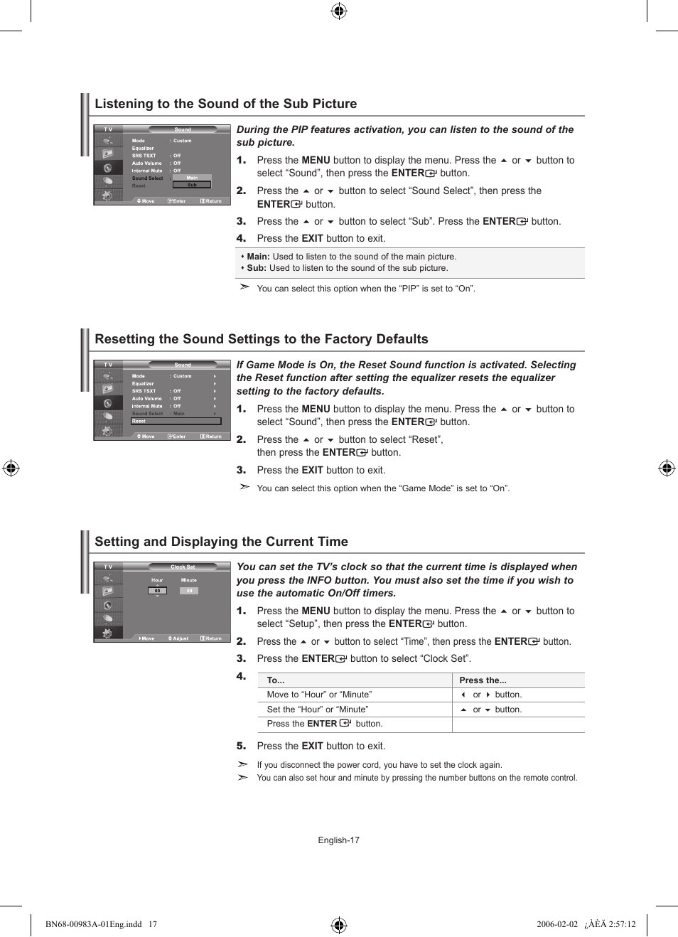 Listening to the sound of the sub picture, Setting the time, Setting and displaying the current time | Samsung LE26R71B User Manual | Page 19 / 211