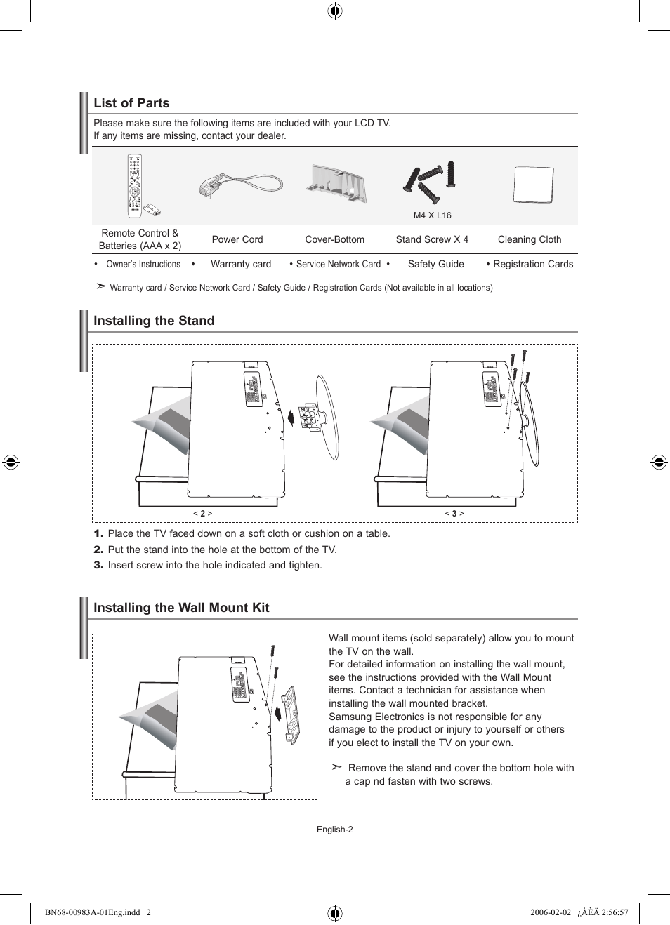 Connecting and preparing your tv, List of parts, Installing the stand | Installing the wall mount kit | Samsung LE26R71B User Manual | Page 4 / 211