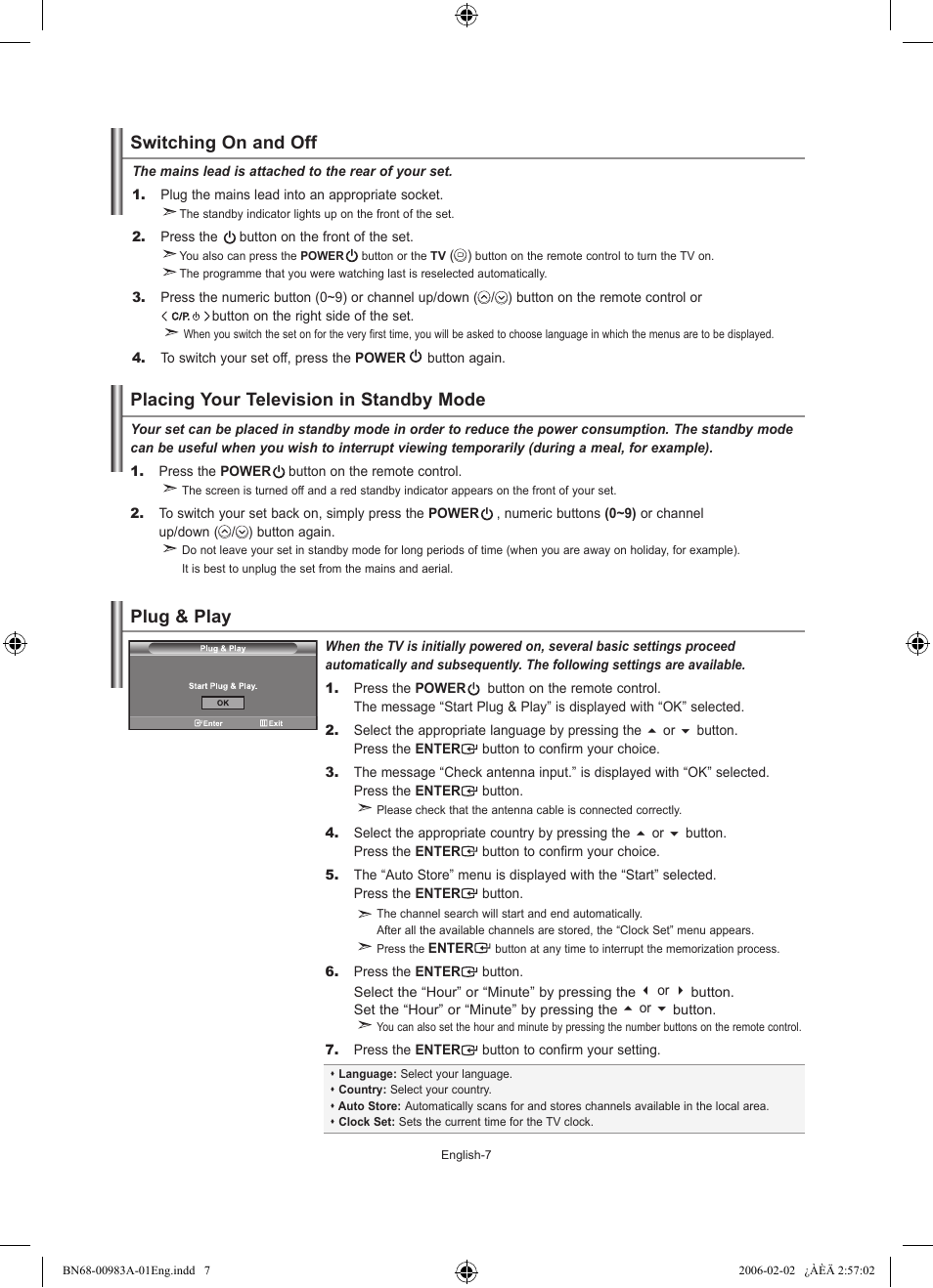 Switching on and off, Placing your television in standby mode, Plug & play | Samsung LE26R71B User Manual | Page 9 / 211