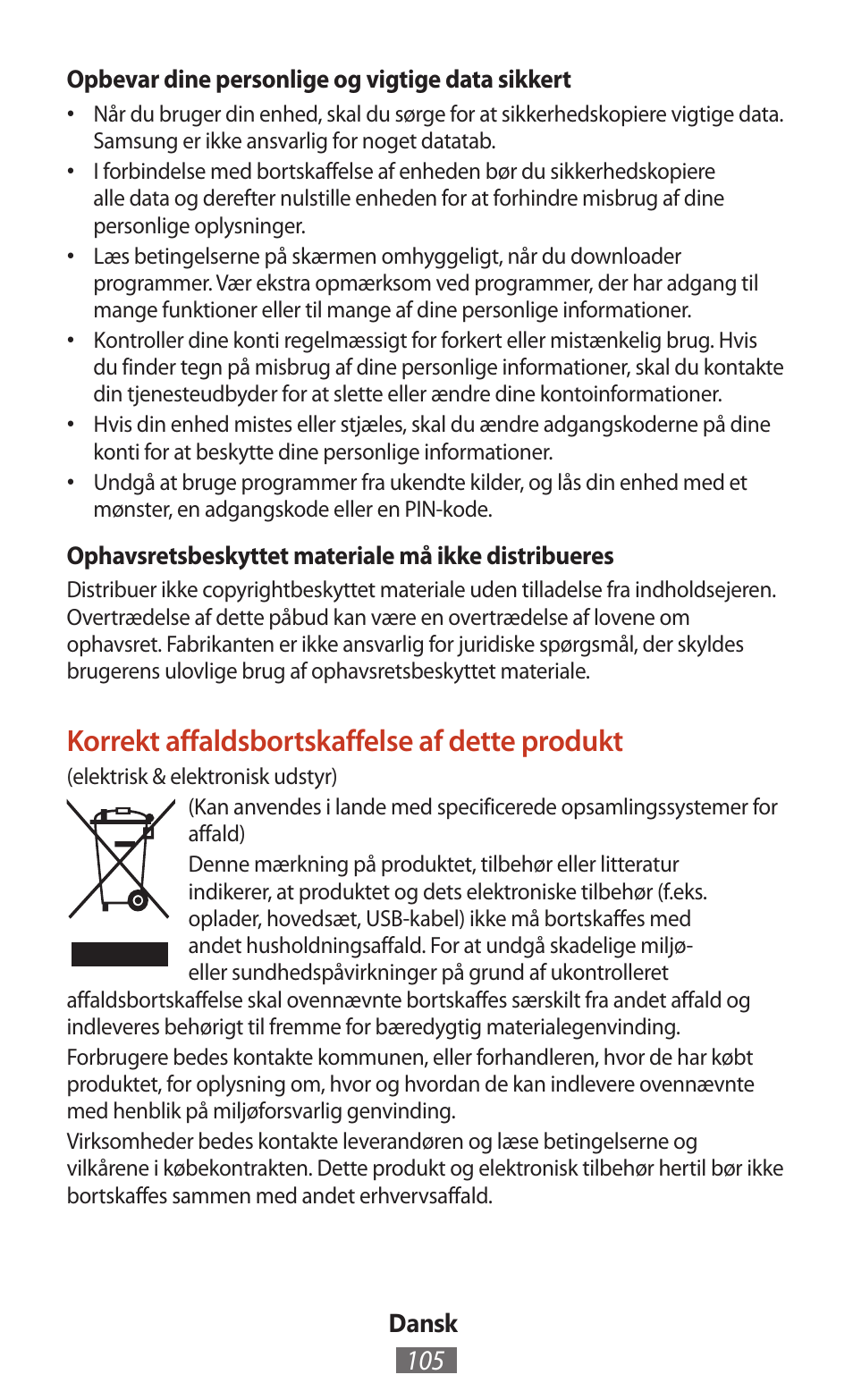 Korrekt affaldsbortskaffelse af dette produkt | Samsung SM-T211 User Manual | Page 106 / 476