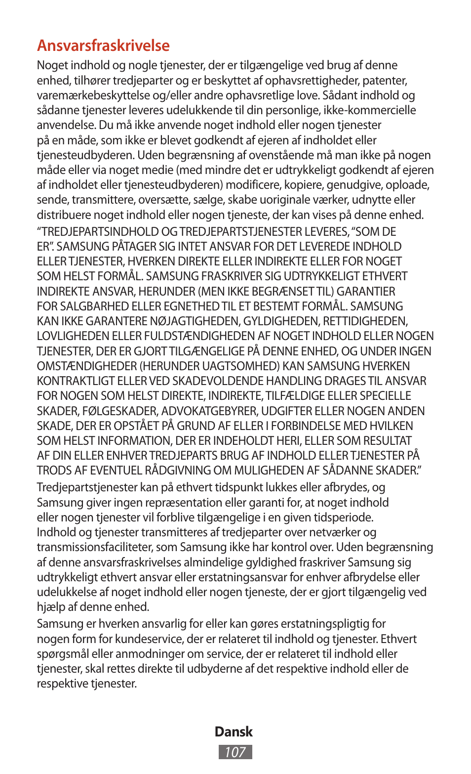 Ansvarsfraskrivelse | Samsung SM-T211 User Manual | Page 108 / 476