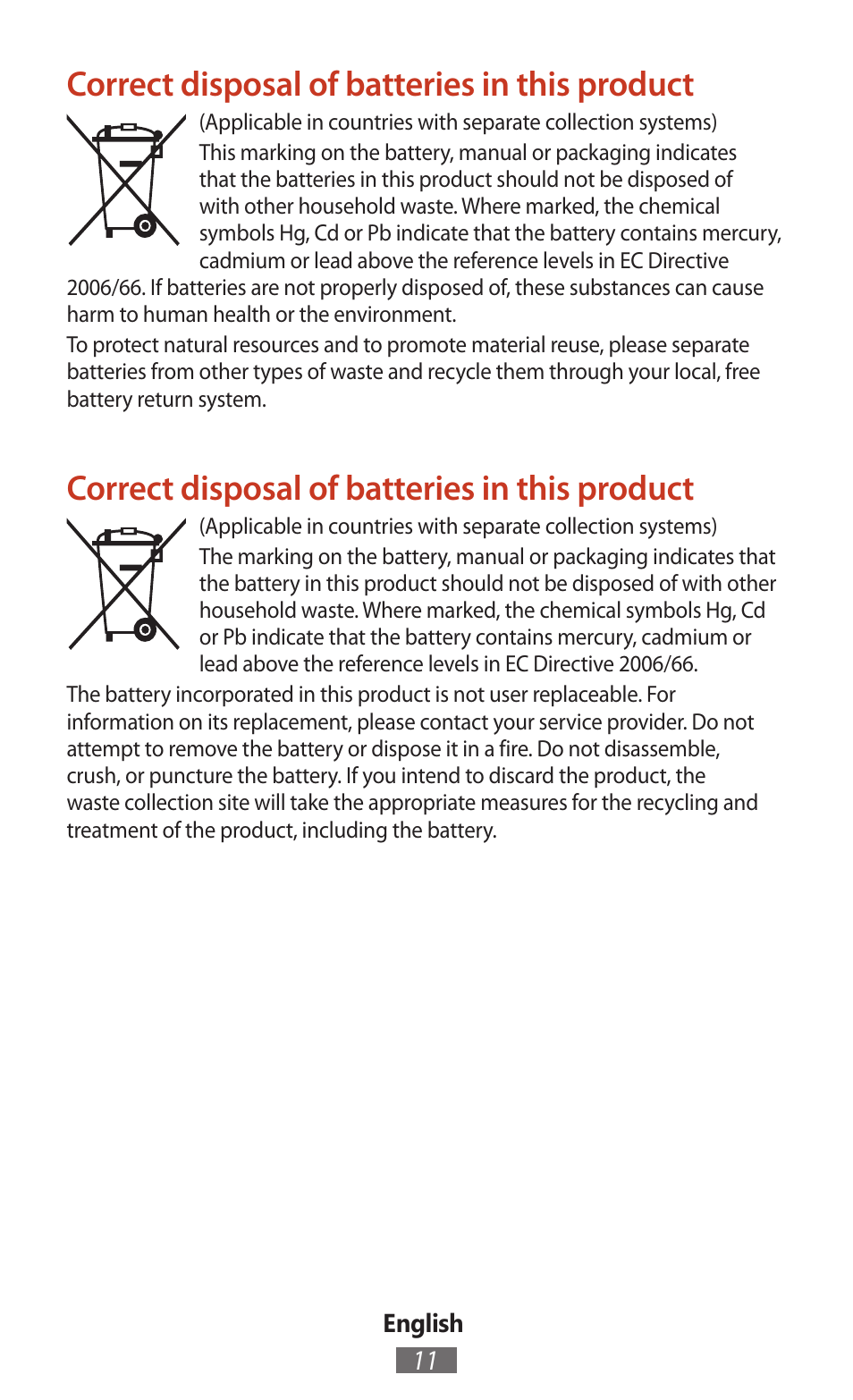 Correct disposal of batteries in this product | Samsung SM-T211 User Manual | Page 12 / 476