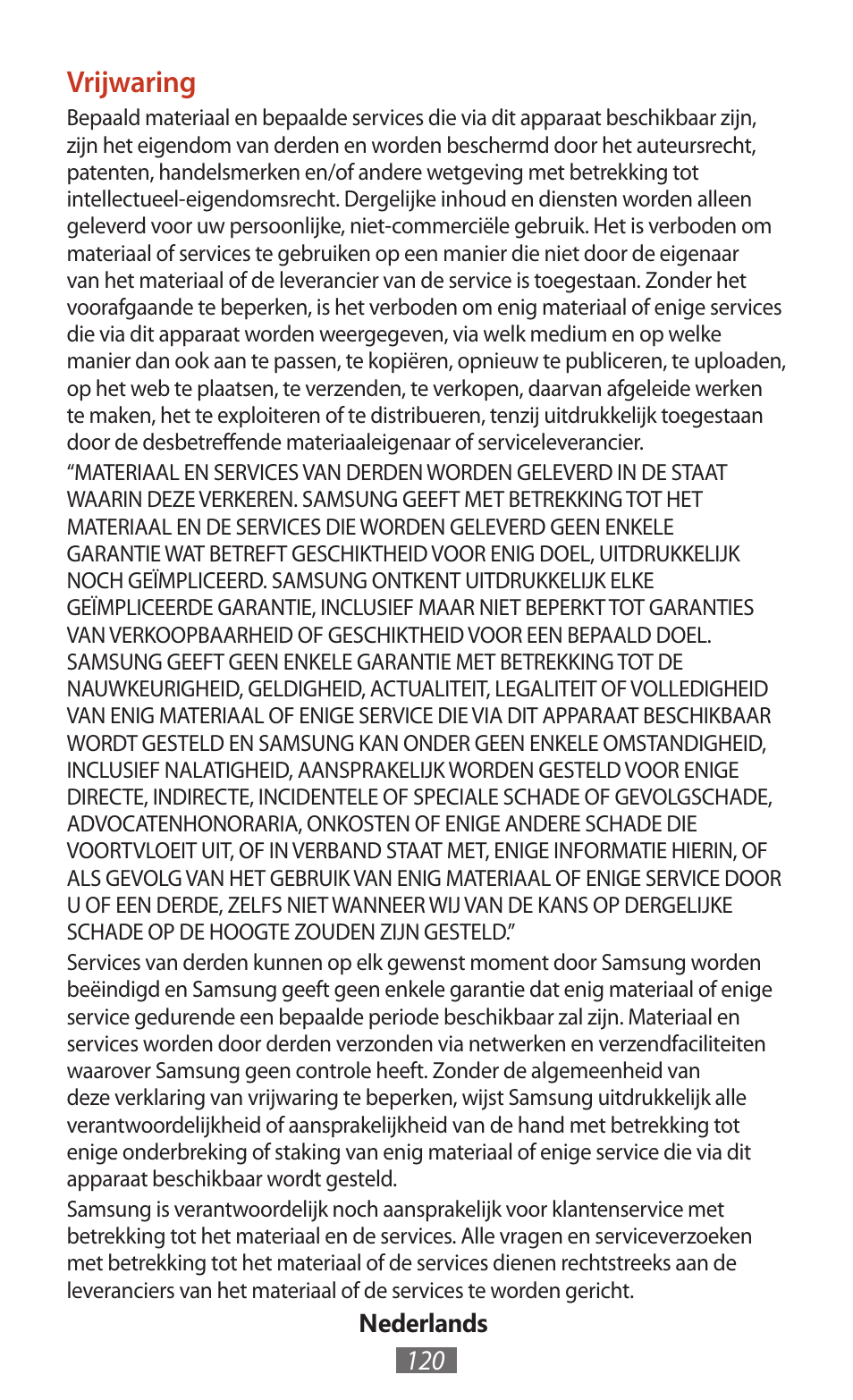 Vrijwaring | Samsung SM-T211 User Manual | Page 121 / 476