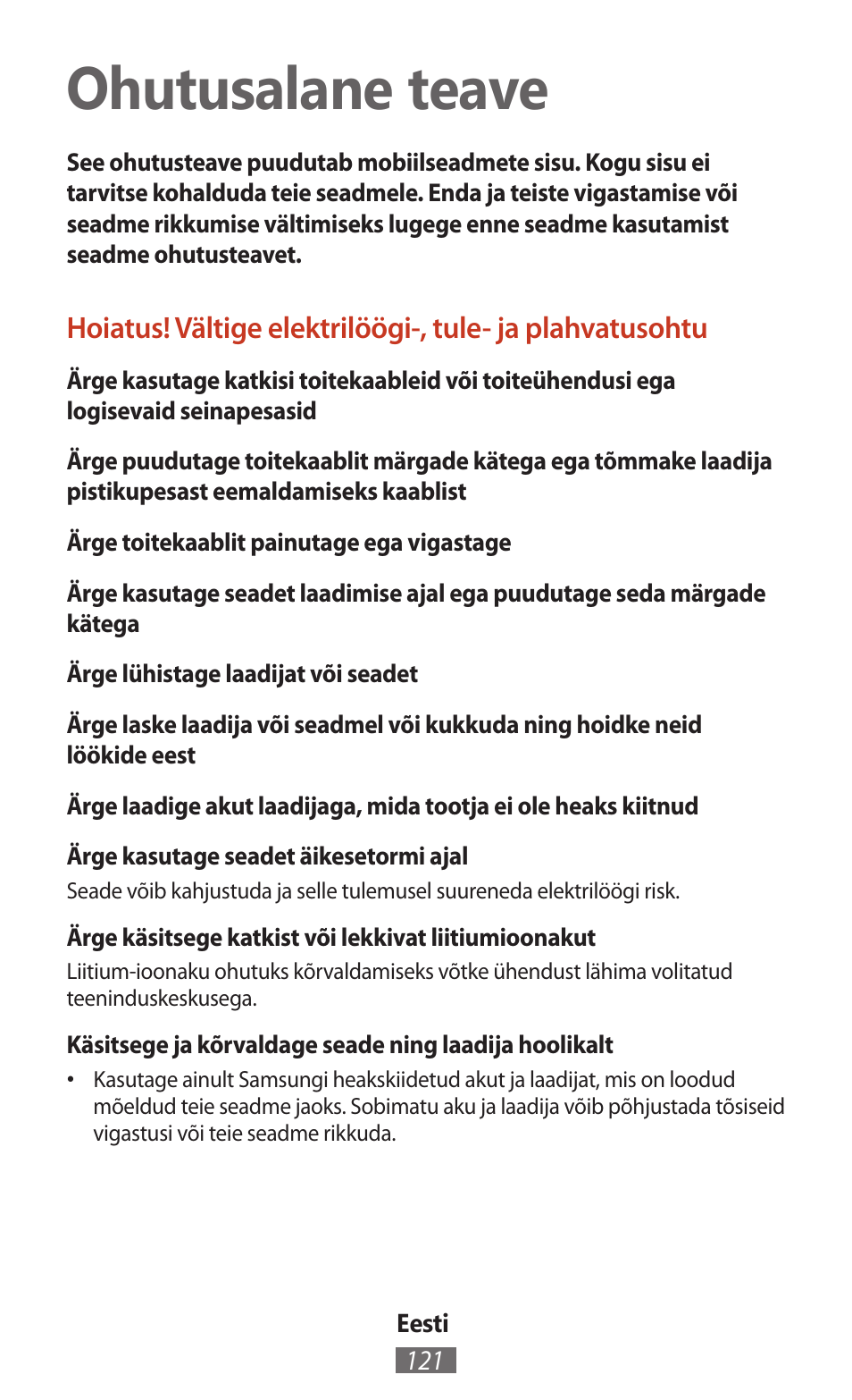 Eesti, Ohutusalane teave | Samsung SM-T211 User Manual | Page 122 / 476