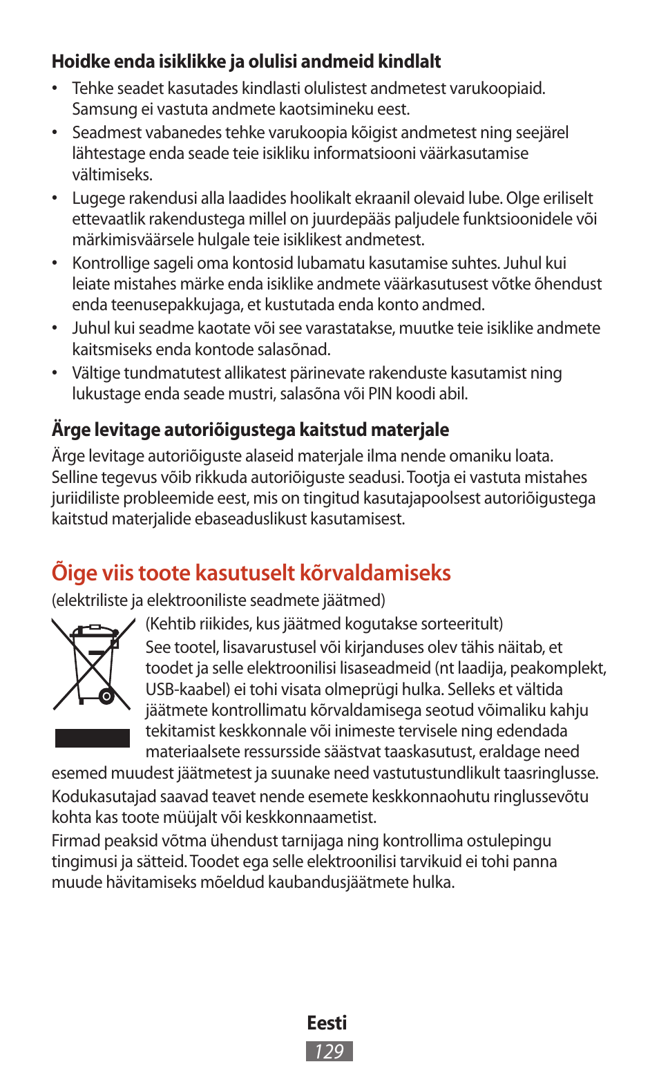Õige viis toote kasutuselt kõrvaldamiseks | Samsung SM-T211 User Manual | Page 130 / 476