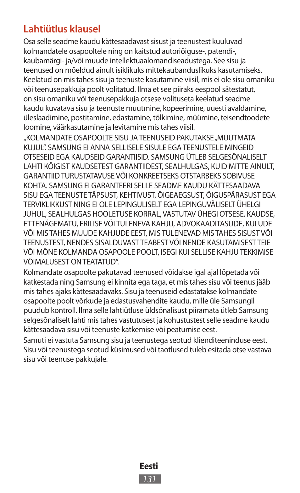 Lahtiütlus klausel | Samsung SM-T211 User Manual | Page 132 / 476