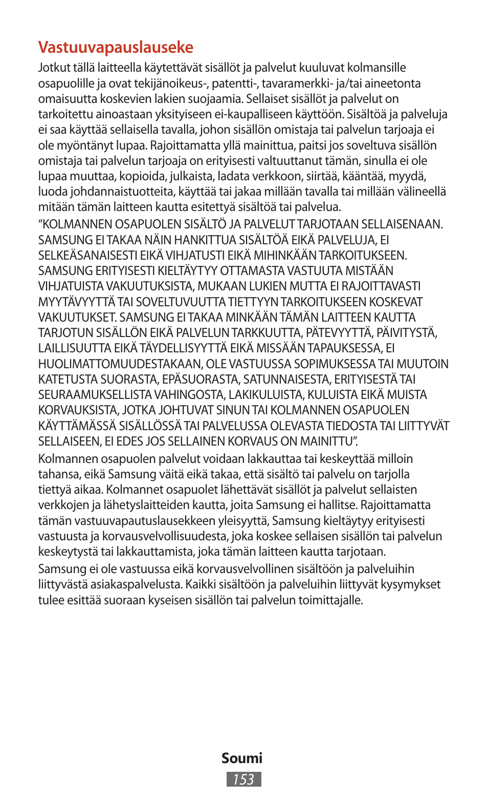 Vastuuvapauslauseke | Samsung SM-T211 User Manual | Page 154 / 476