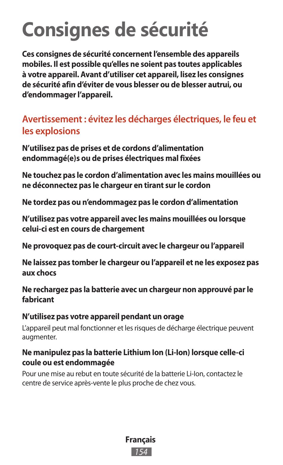 Français, Consignes de sécurité | Samsung SM-T211 User Manual | Page 155 / 476