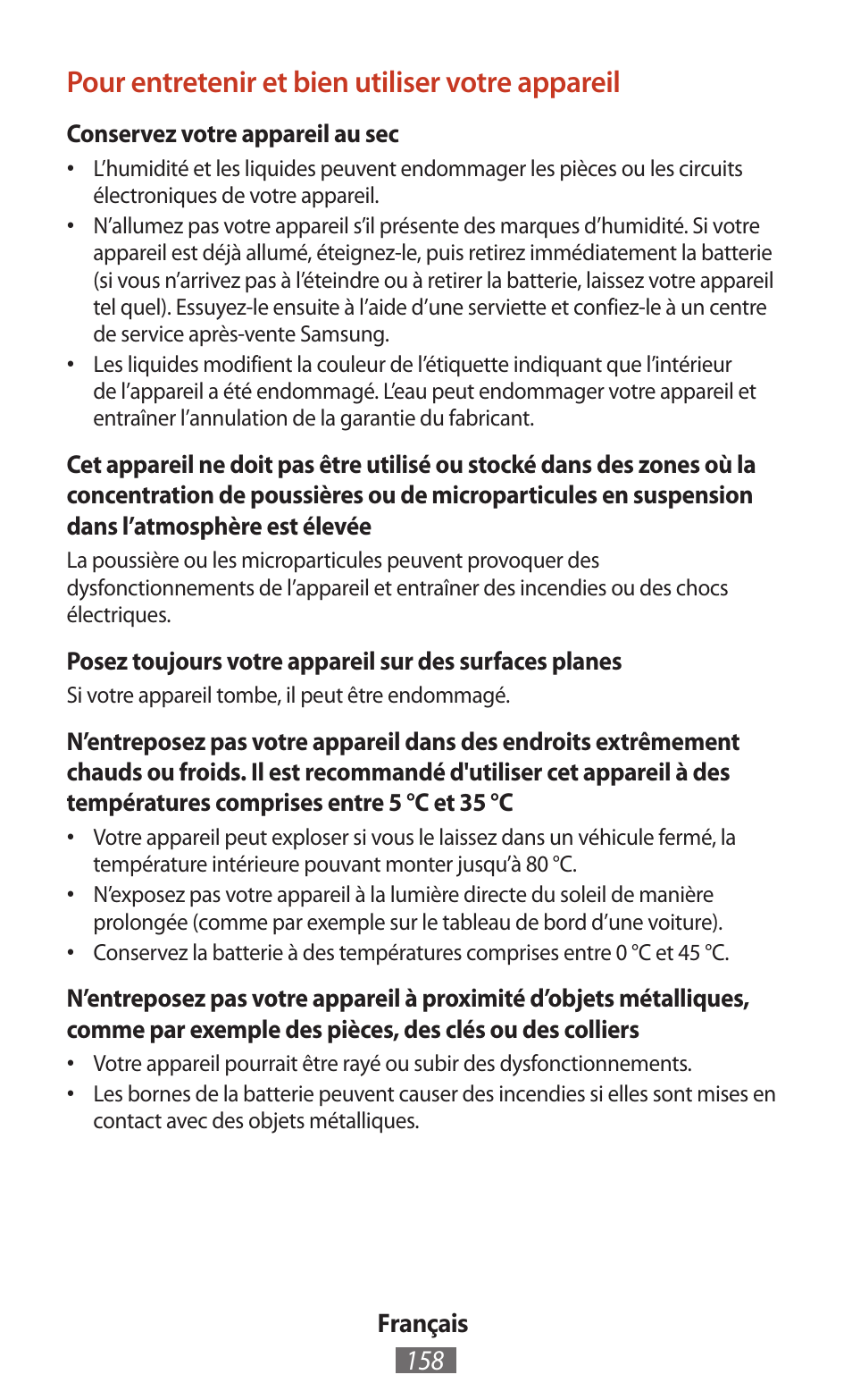 Pour entretenir et bien utiliser votre appareil | Samsung SM-T211 User Manual | Page 159 / 476
