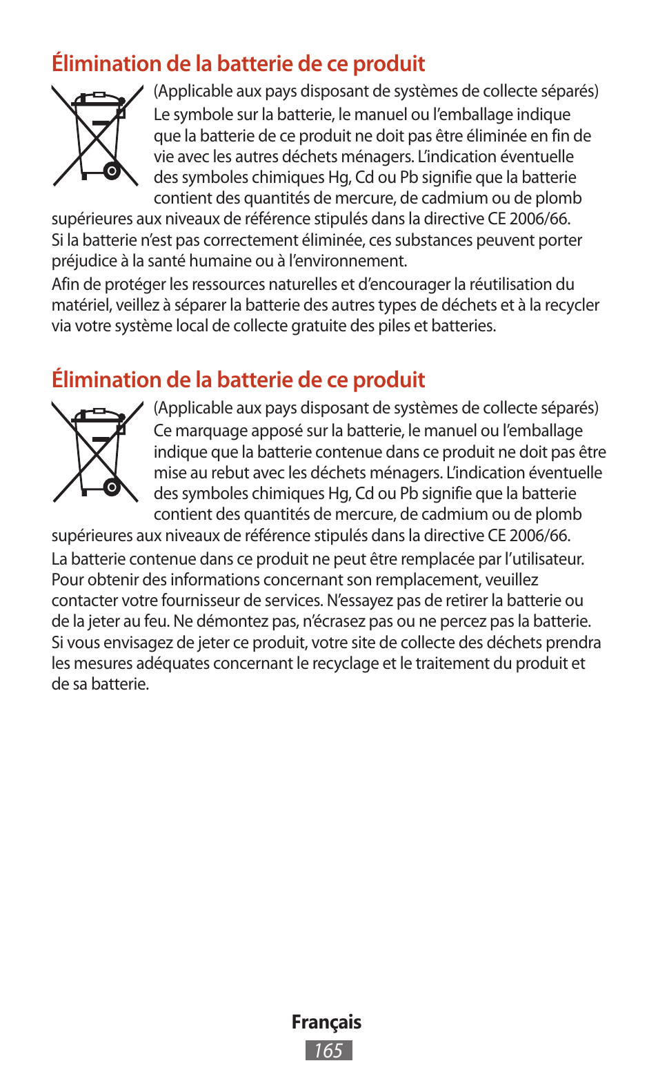 Élimination de la batterie de ce produit | Samsung SM-T211 User Manual | Page 166 / 476
