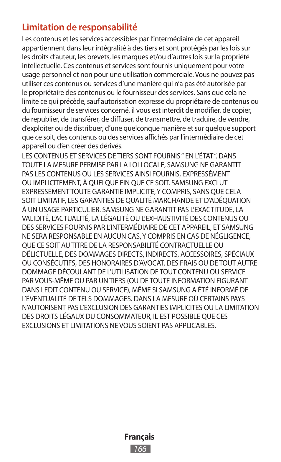 Limitation de responsabilité | Samsung SM-T211 User Manual | Page 167 / 476