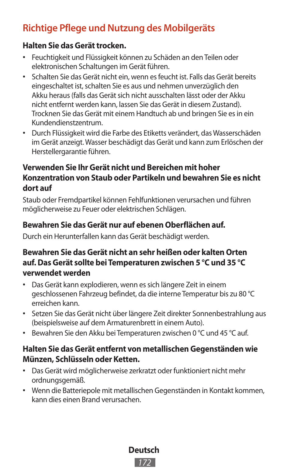 Richtige pflege und nutzung des mobilgeräts | Samsung SM-T211 User Manual | Page 173 / 476