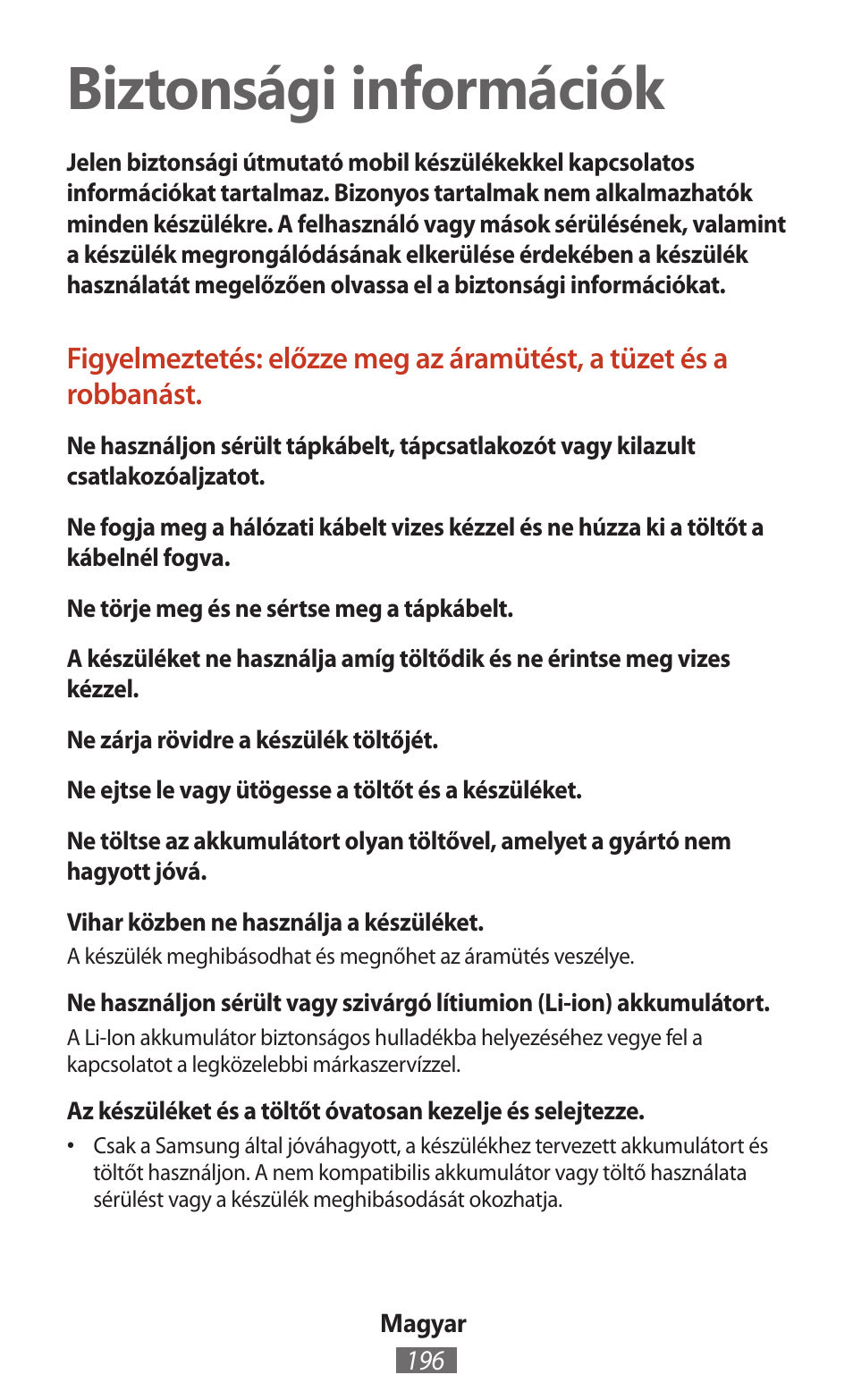 Magyar, Biztonsági információk | Samsung SM-T211 User Manual | Page 197 / 476