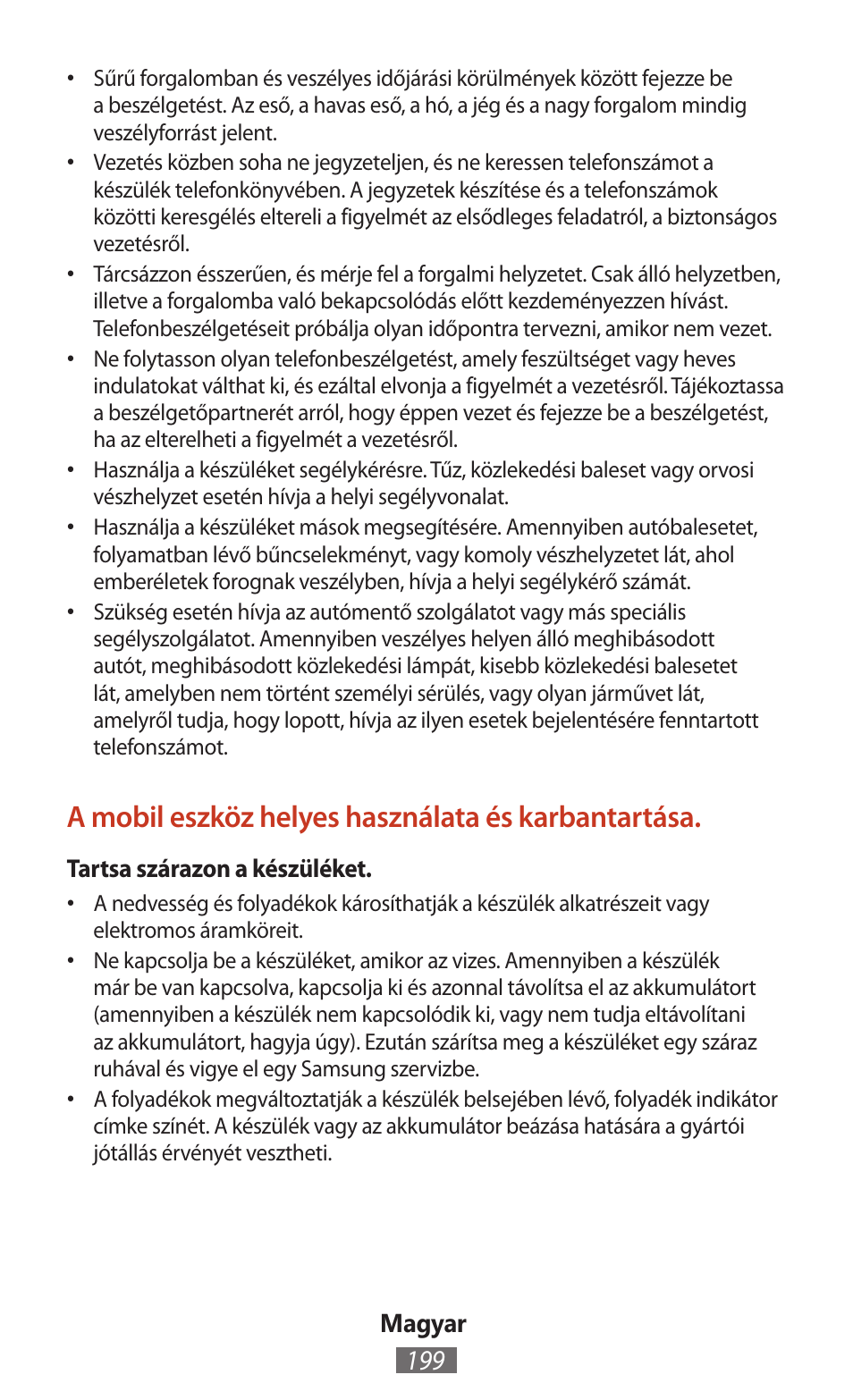 A mobil eszköz helyes használata és karbantartása | Samsung SM-T211 User Manual | Page 200 / 476