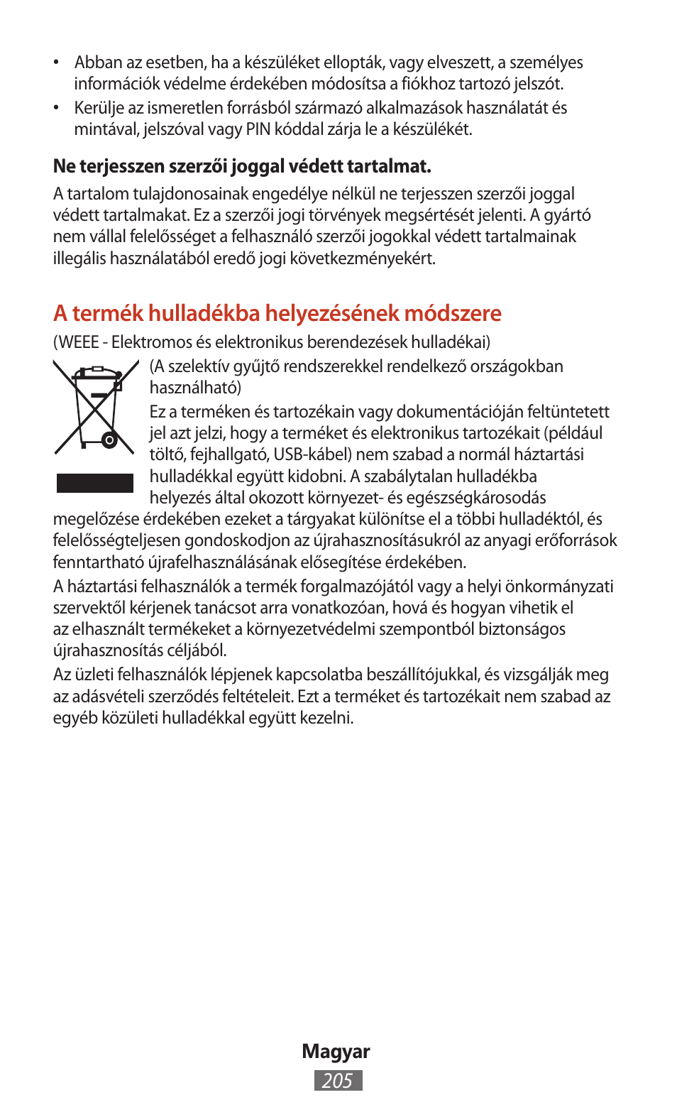 A termék hulladékba helyezésének módszere | Samsung SM-T211 User Manual | Page 206 / 476