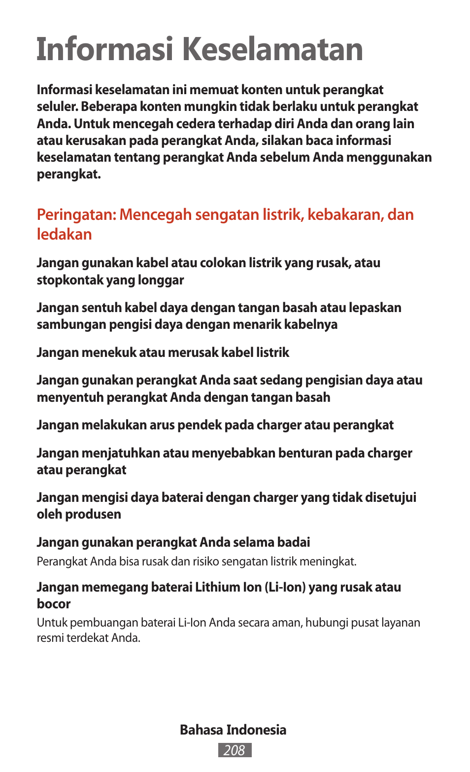 Bahasa indonesia, Informasi keselamatan | Samsung SM-T211 User Manual | Page 209 / 476