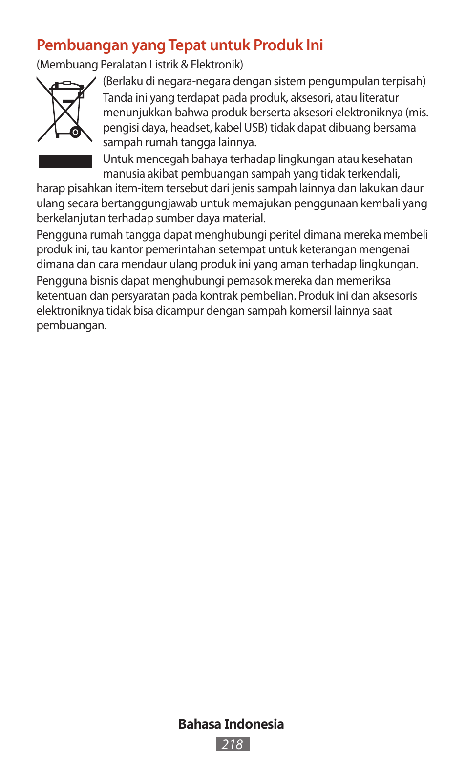 Pembuangan yang tepat untuk produk ini | Samsung SM-T211 User Manual | Page 219 / 476