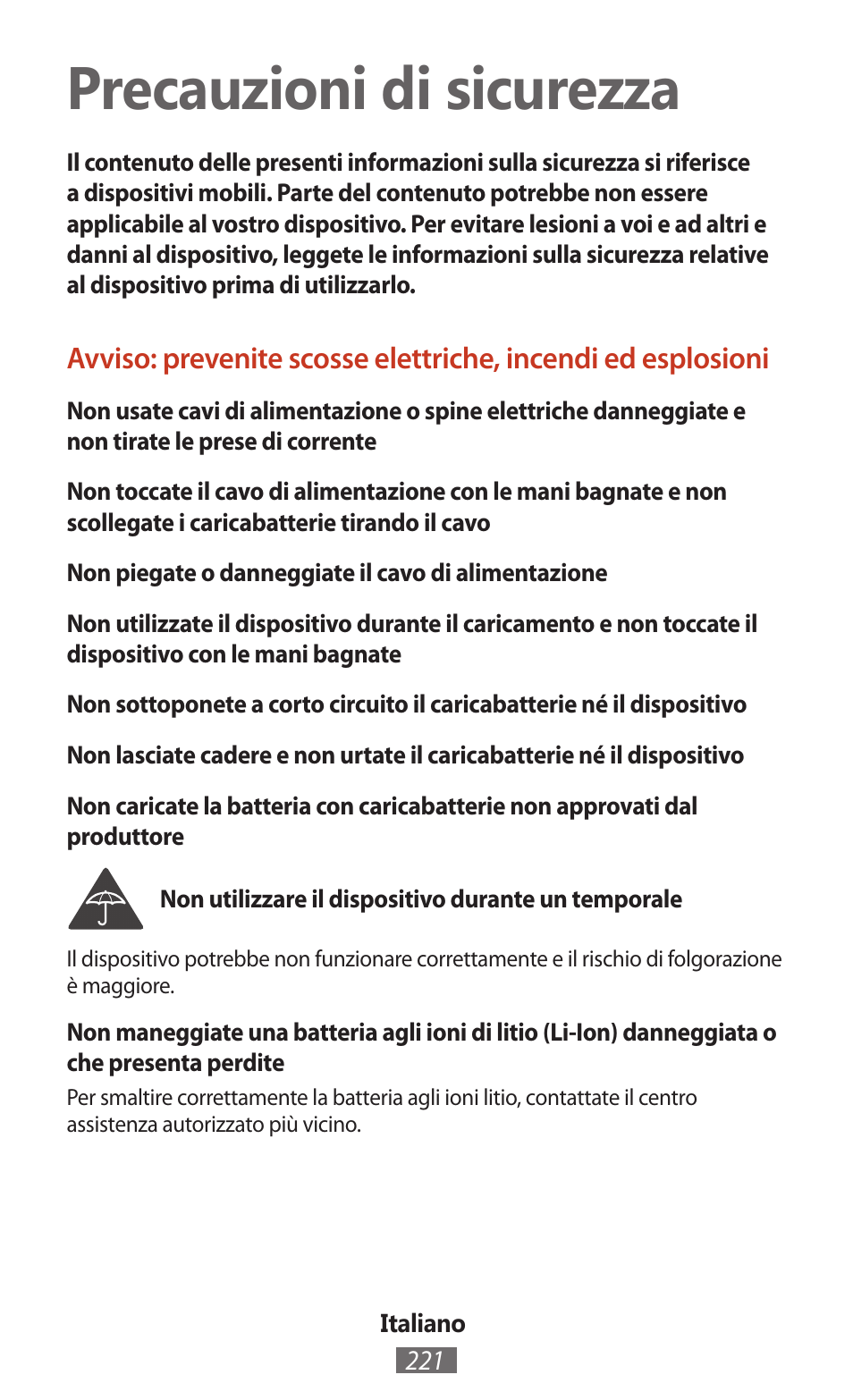 Italiano, Precauzioni di sicurezza | Samsung SM-T211 User Manual | Page 222 / 476