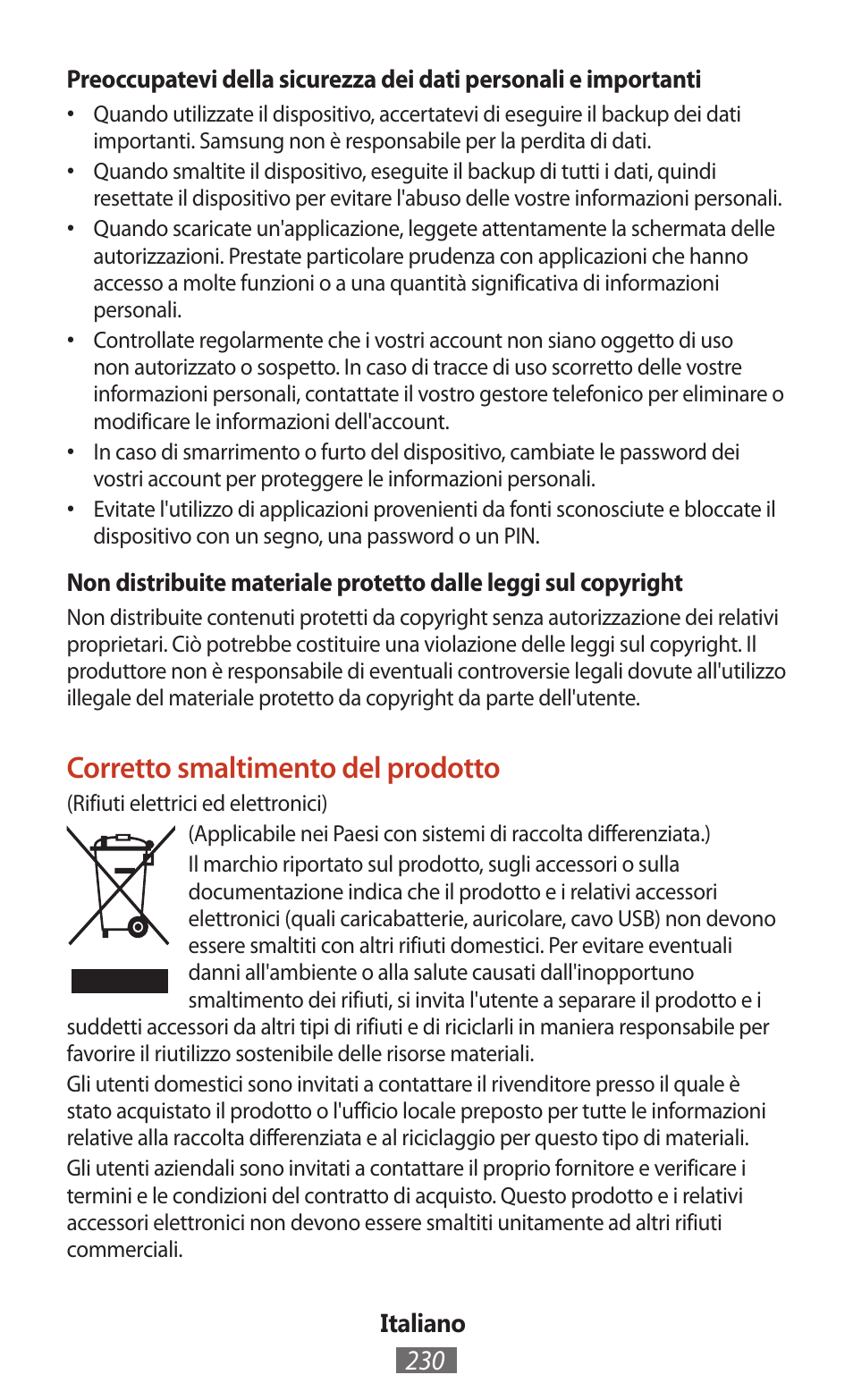 Corretto smaltimento del prodotto | Samsung SM-T211 User Manual | Page 231 / 476