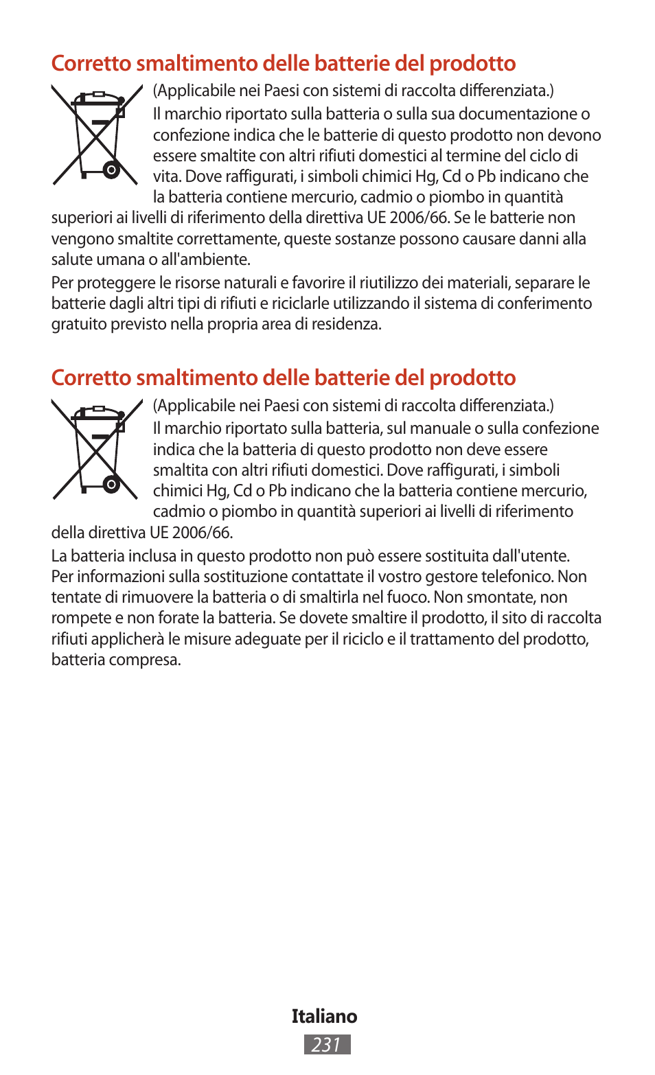 Corretto smaltimento delle batterie del prodotto | Samsung SM-T211 User Manual | Page 232 / 476