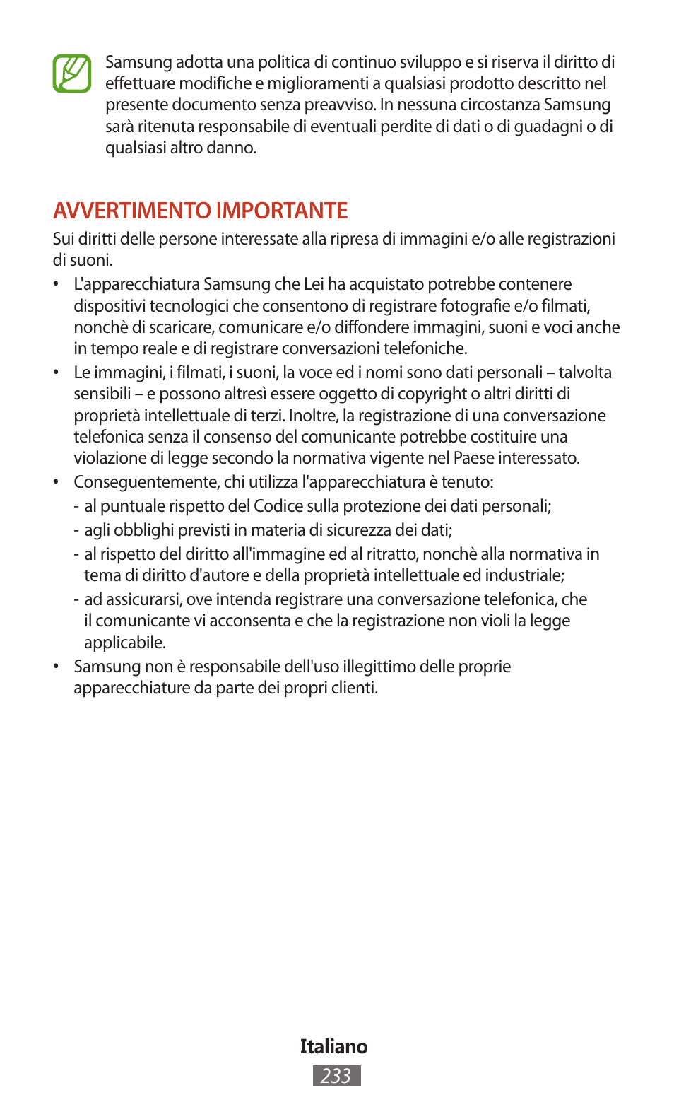 Avvertimento importante | Samsung SM-T211 User Manual | Page 234 / 476