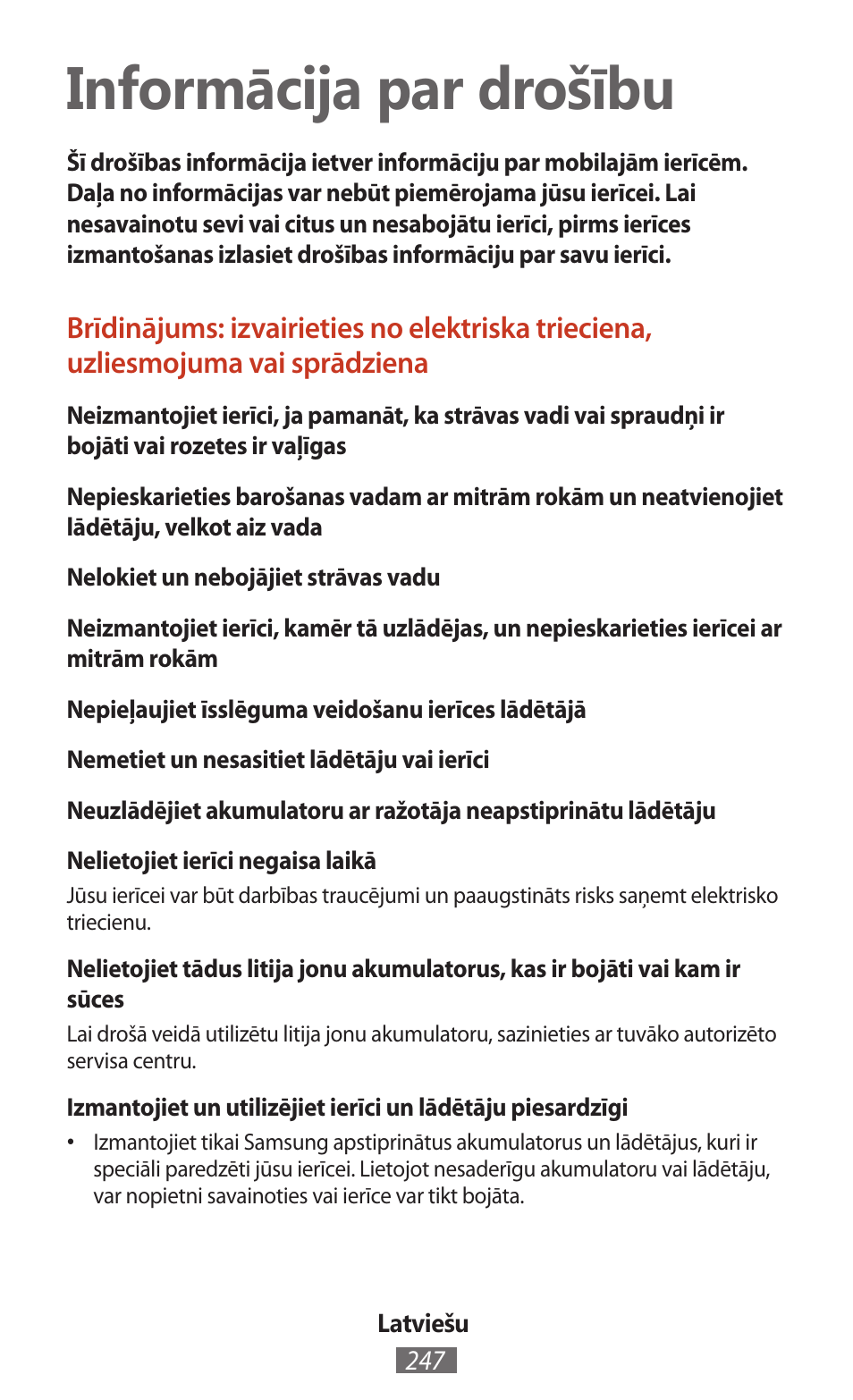 Latviešu, Informācija par drošību | Samsung SM-T211 User Manual | Page 248 / 476