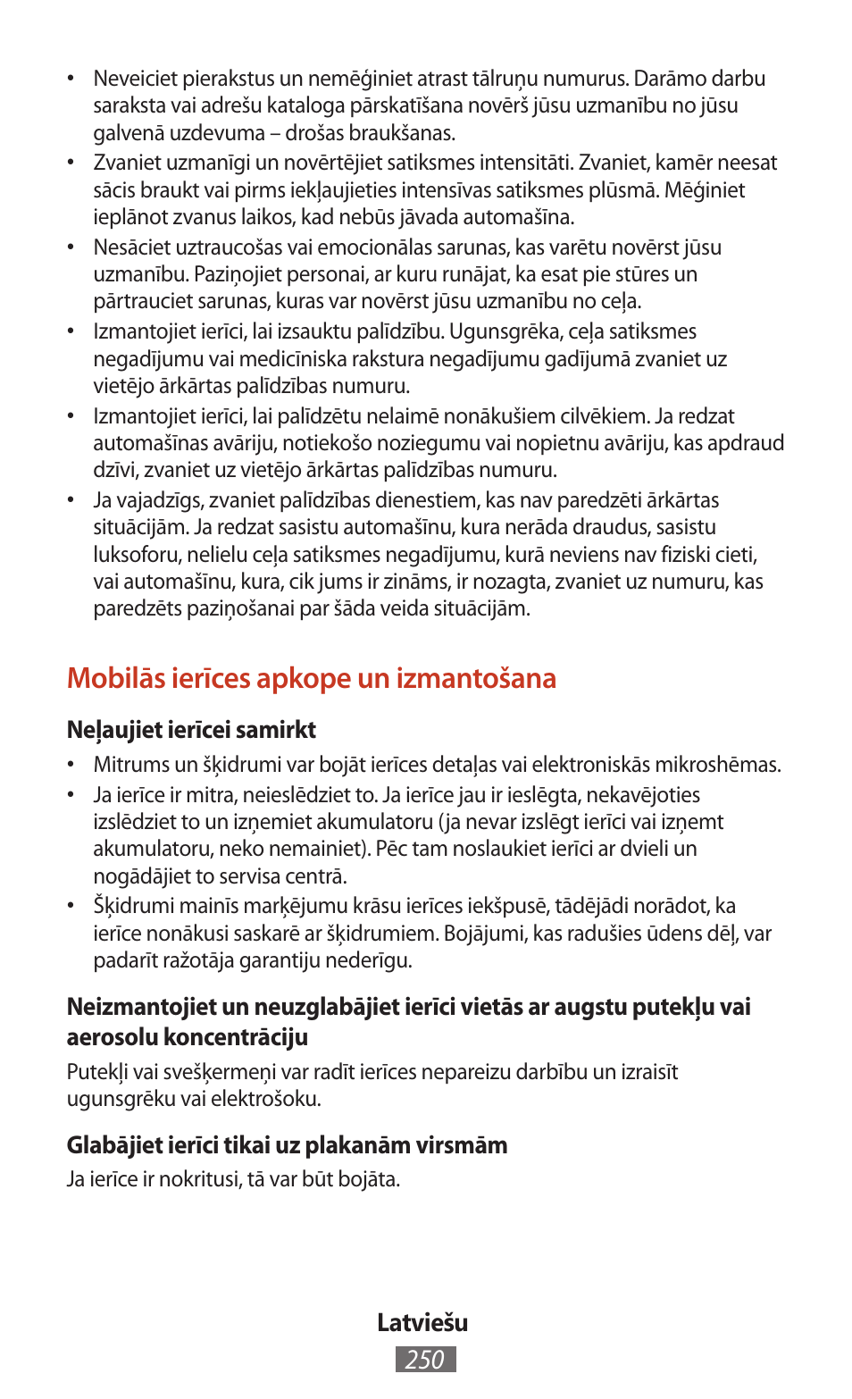 Mobilās ierīces apkope un izmantošana | Samsung SM-T211 User Manual | Page 251 / 476