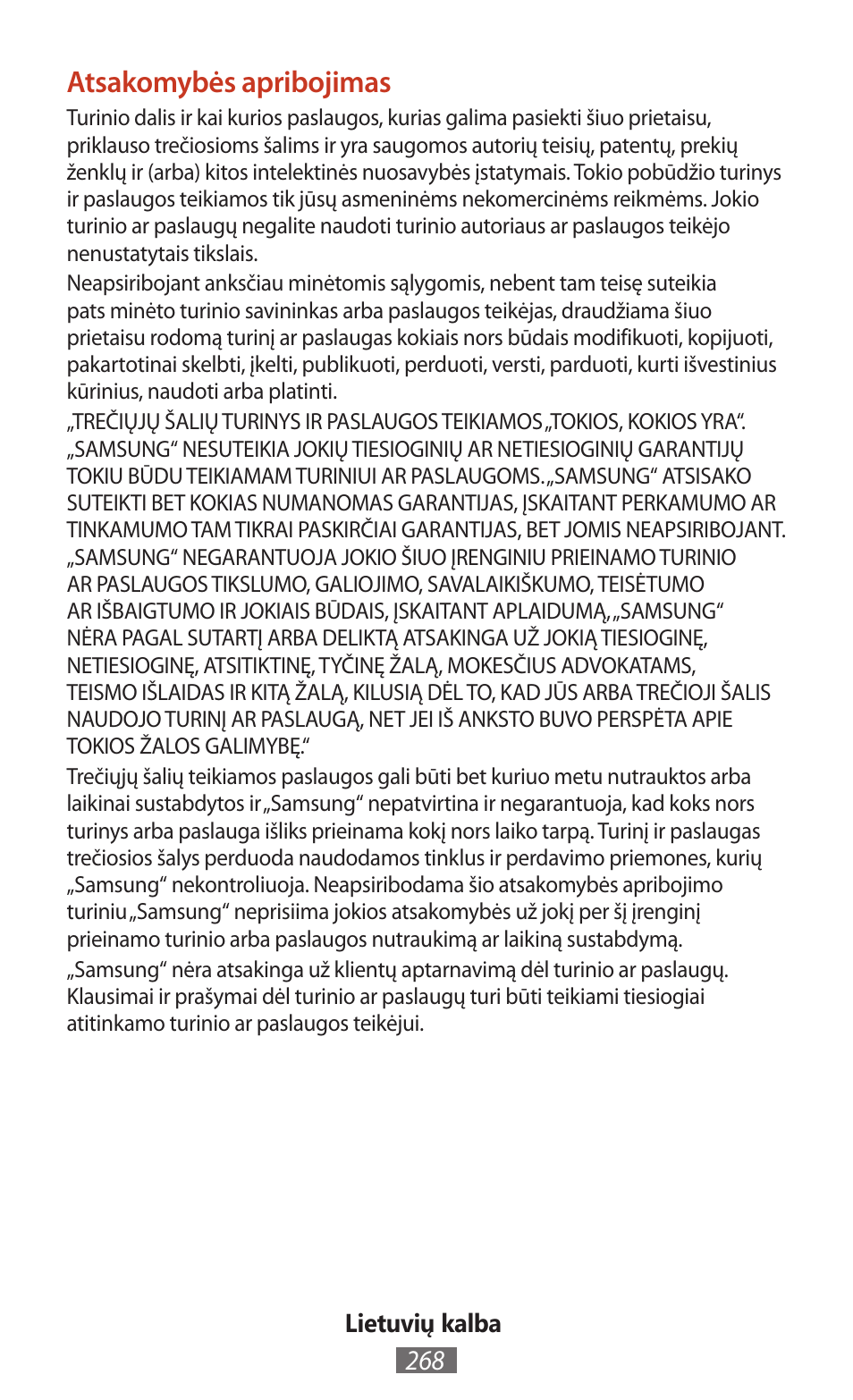 Atsakomybės apribojimas | Samsung SM-T211 User Manual | Page 269 / 476