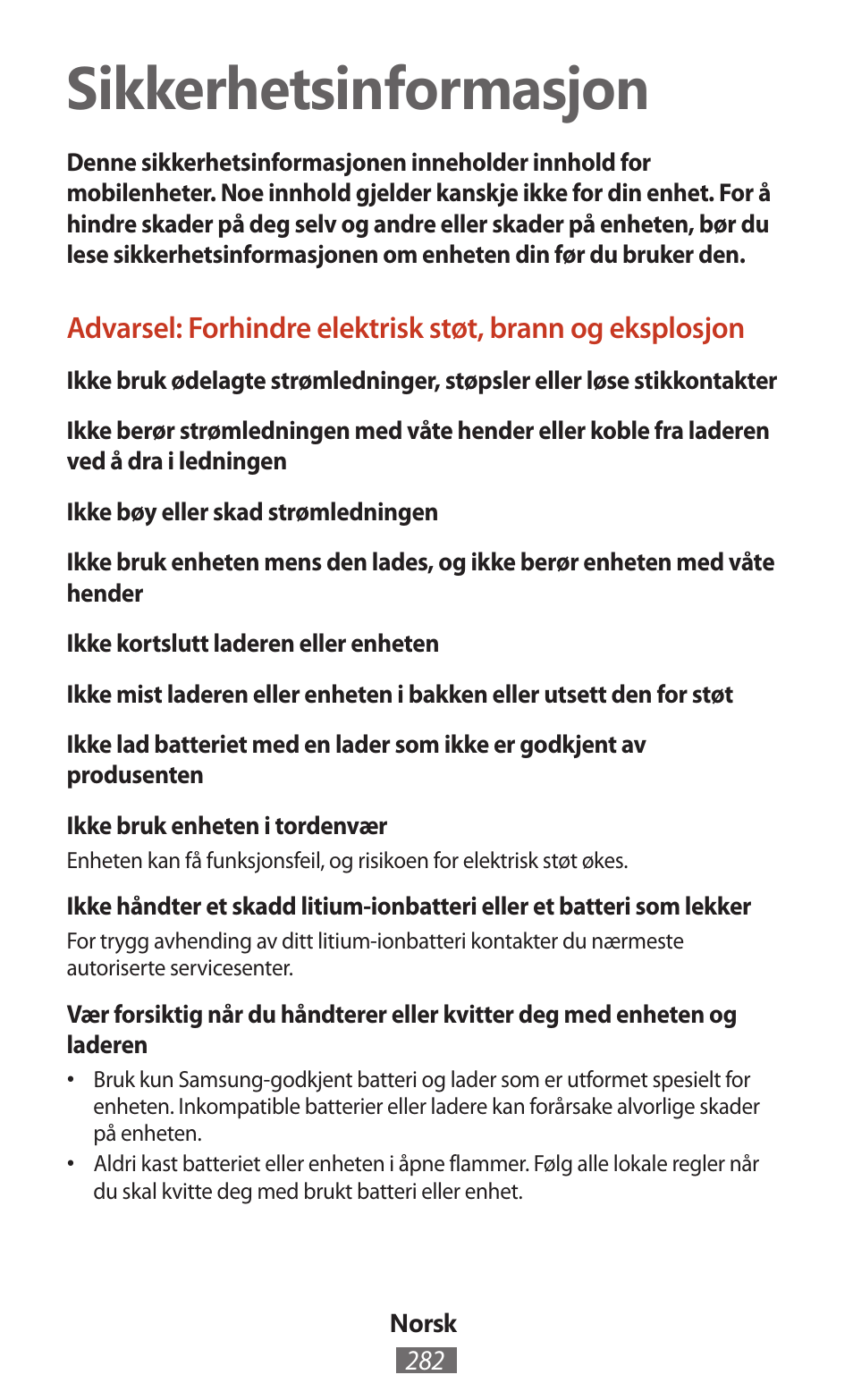 Norsk, Sikkerhetsinformasjon | Samsung SM-T211 User Manual | Page 283 / 476
