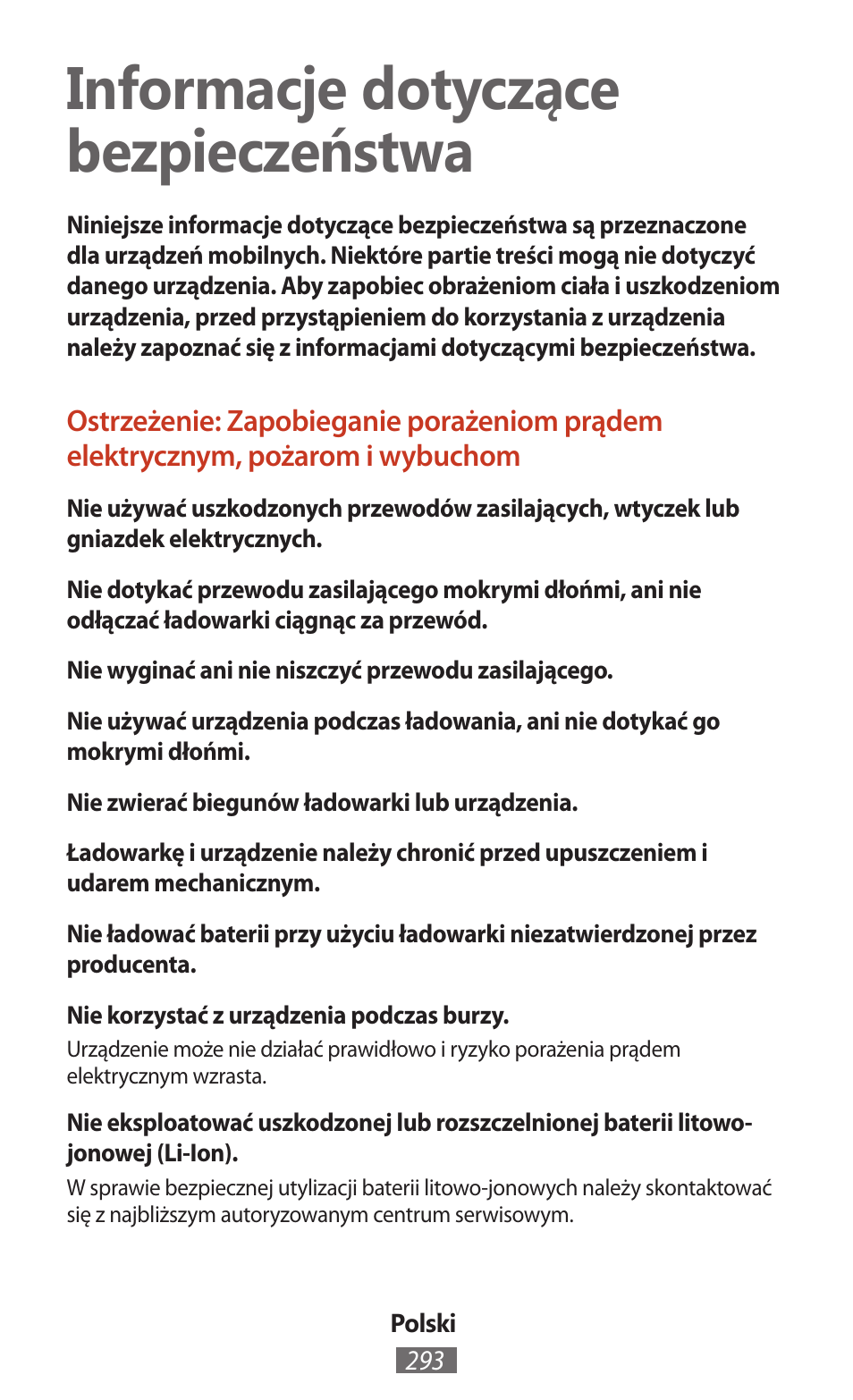 Polski, Informacje dotyczące bezpieczeństwa | Samsung SM-T211 User Manual | Page 294 / 476