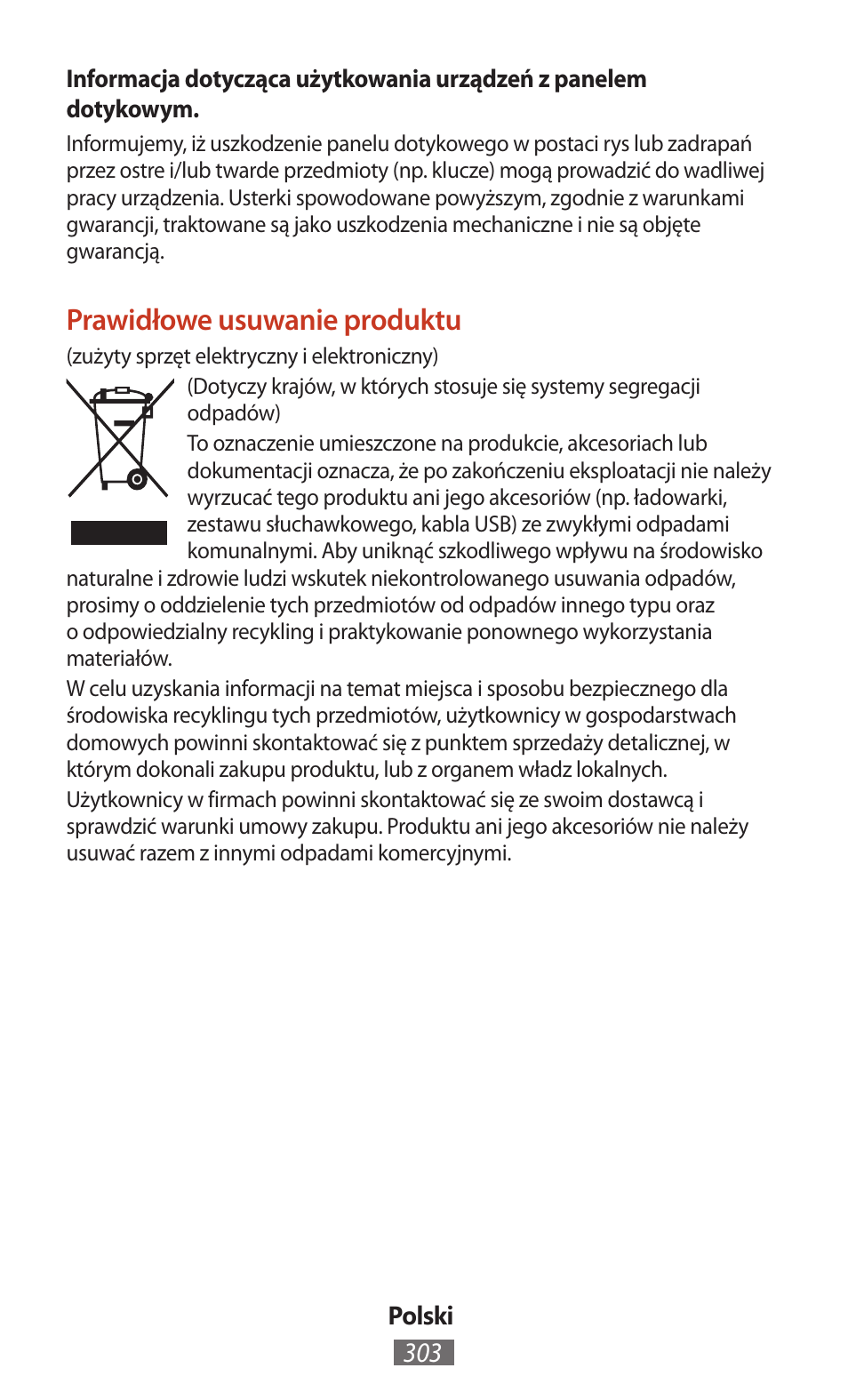 Prawidłowe usuwanie produktu | Samsung SM-T211 User Manual | Page 304 / 476