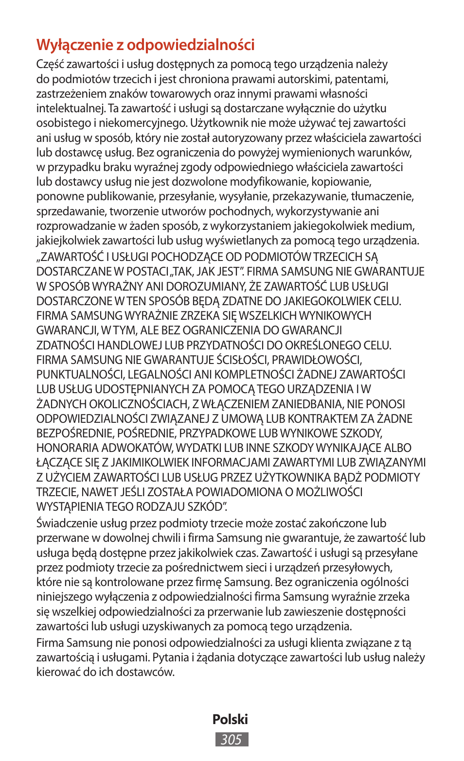 Wyłączenie z odpowiedzialności | Samsung SM-T211 User Manual | Page 306 / 476