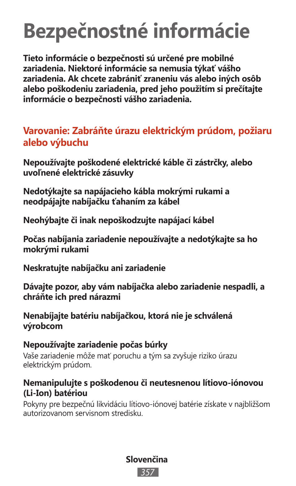 Slovenčina, Bezpečnostné informácie | Samsung SM-T211 User Manual | Page 358 / 476