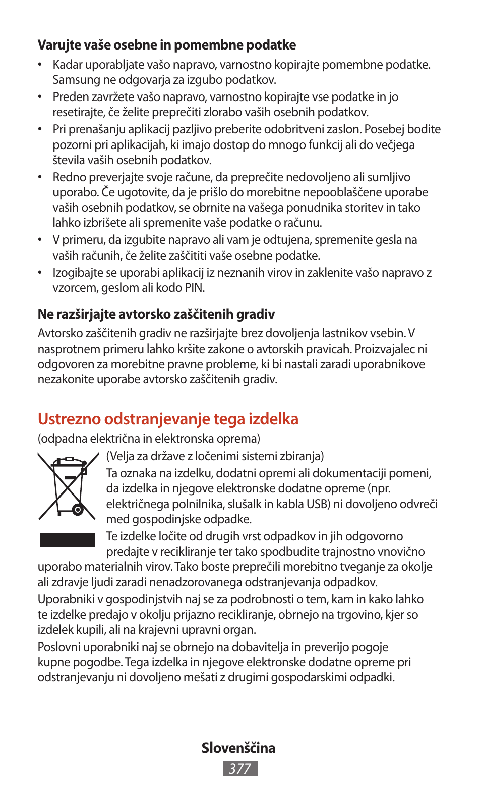 Ustrezno odstranjevanje tega izdelka | Samsung SM-T211 User Manual | Page 378 / 476