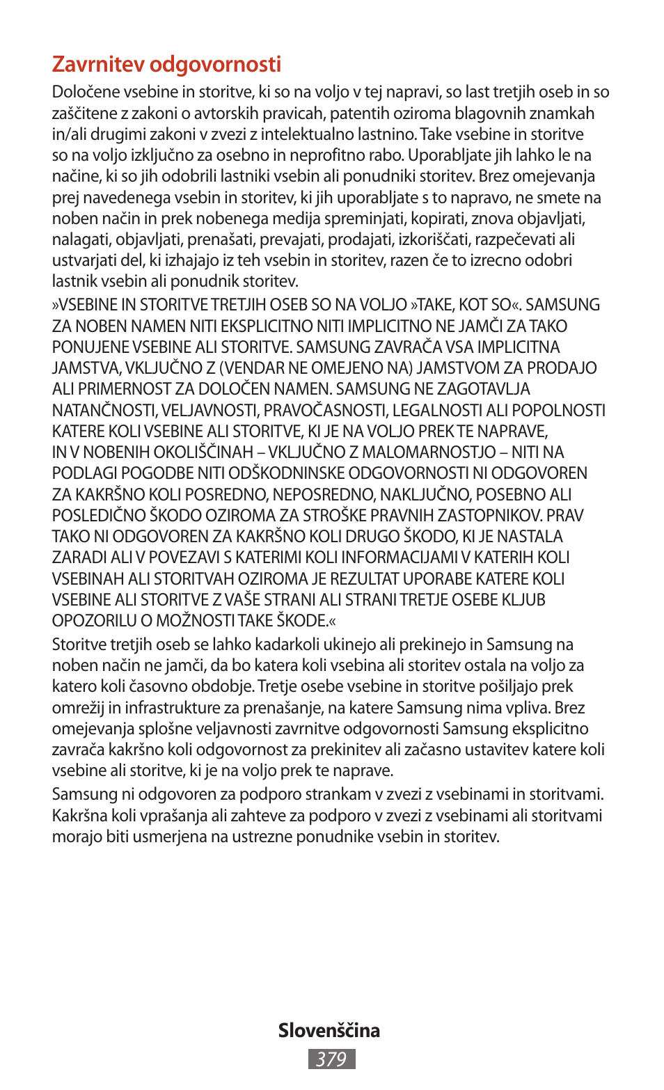 Zavrnitev odgovornosti | Samsung SM-T211 User Manual | Page 380 / 476