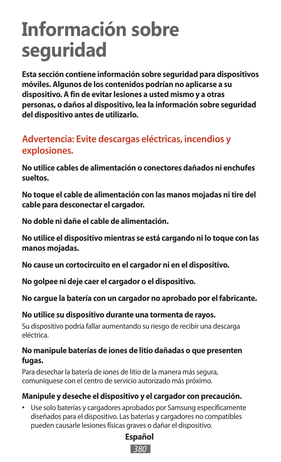 Español, Información sobre seguridad | Samsung SM-T211 User Manual | Page 381 / 476