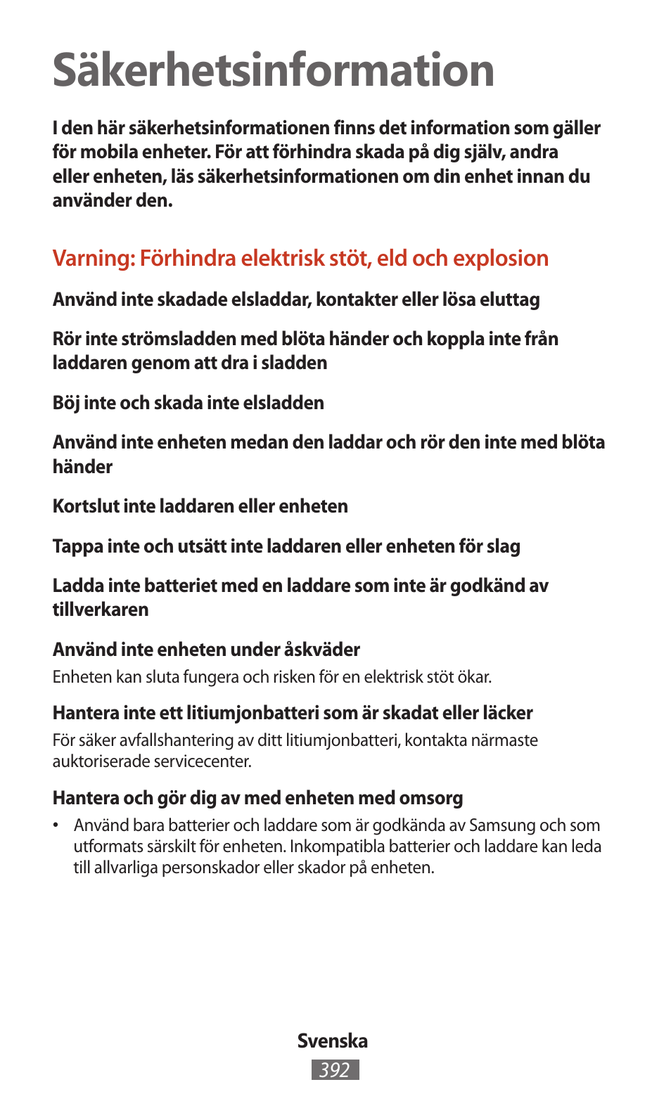 Svenska, Säkerhetsinformation | Samsung SM-T211 User Manual | Page 393 / 476