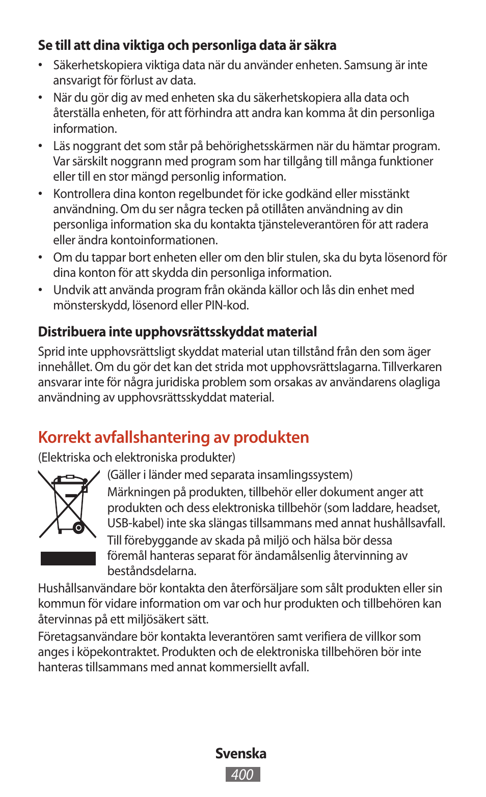 Korrekt avfallshantering av produkten | Samsung SM-T211 User Manual | Page 401 / 476