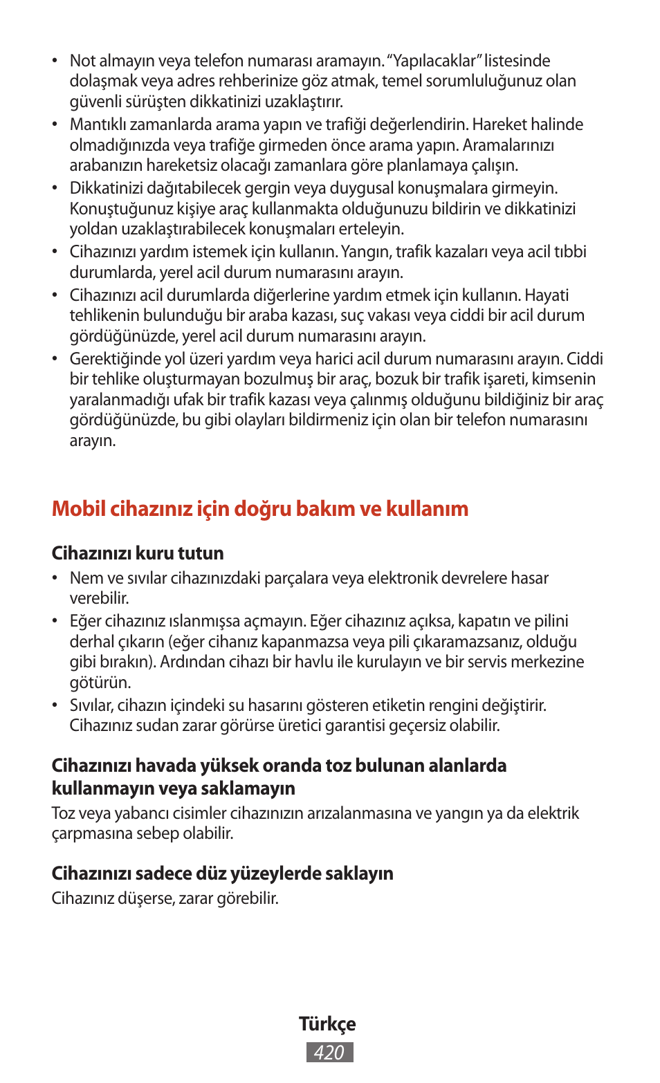 Mobil cihazınız için doğru bakım ve kullanım | Samsung SM-T211 User Manual | Page 421 / 476